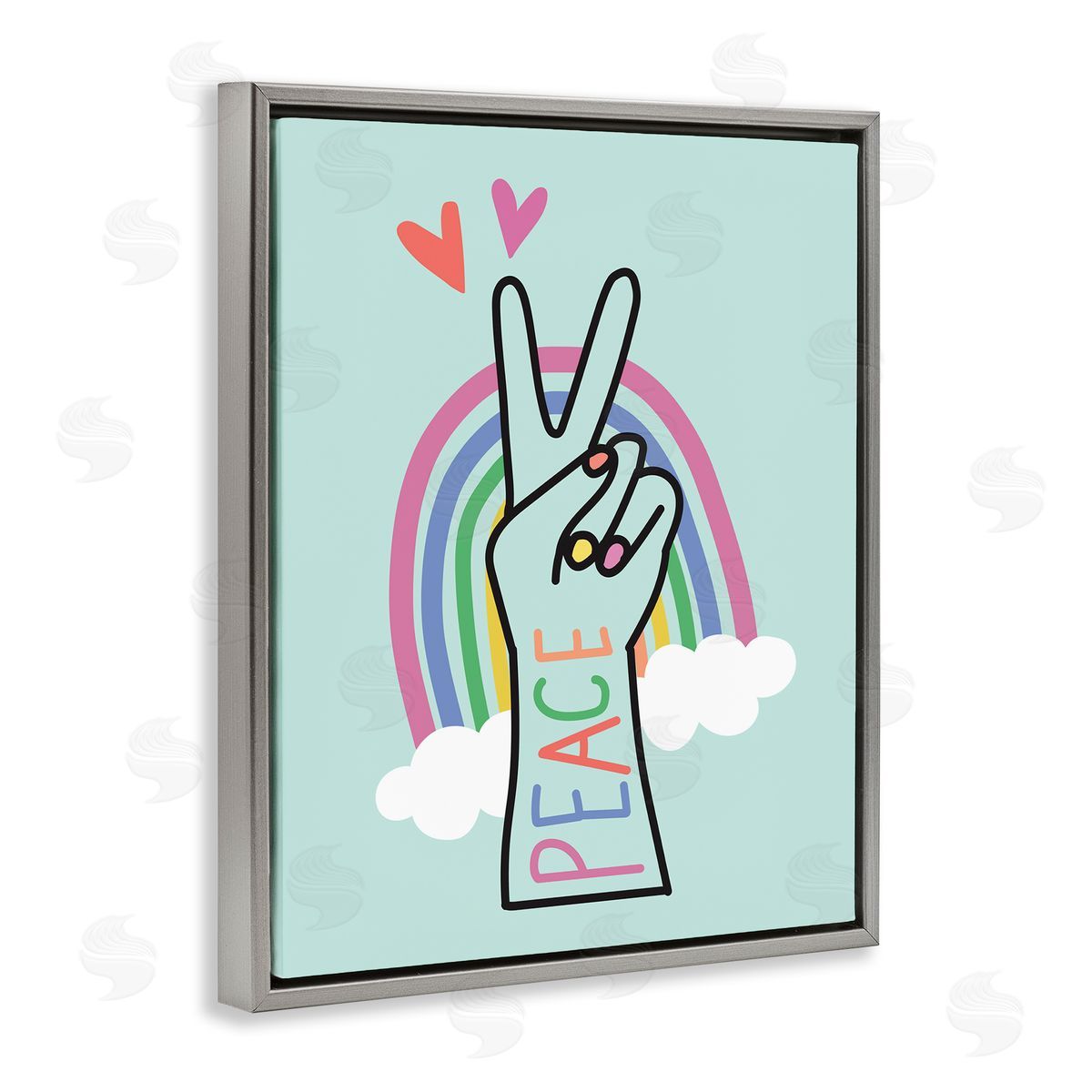 Nina Seven Peace Love Rainbow Turquoise Hand Sign Gray Floater Frame Canvas Art