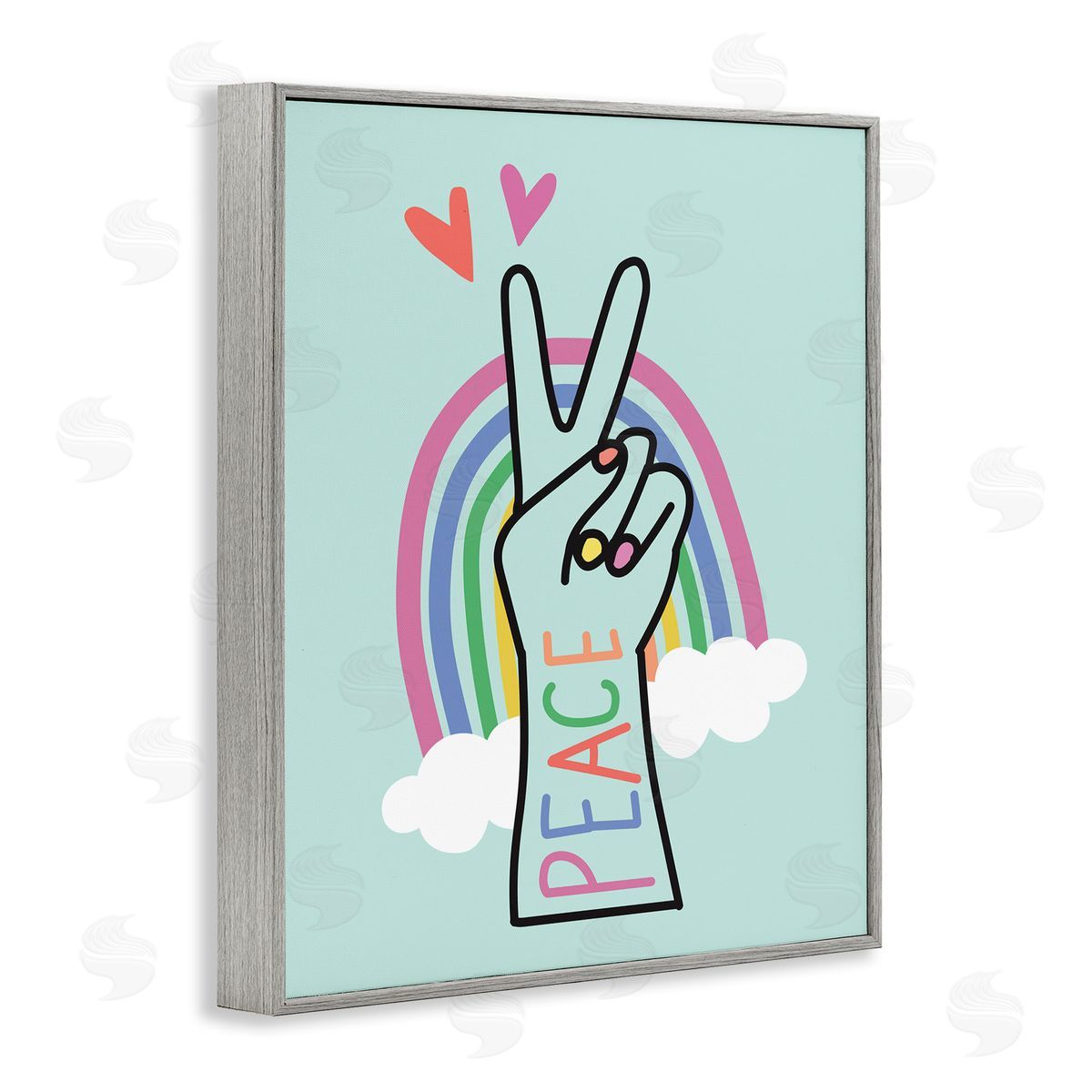 Nina Seven Peace Love Rainbow Turquoise Hand Sign Gray Framed Giclee Wall Art