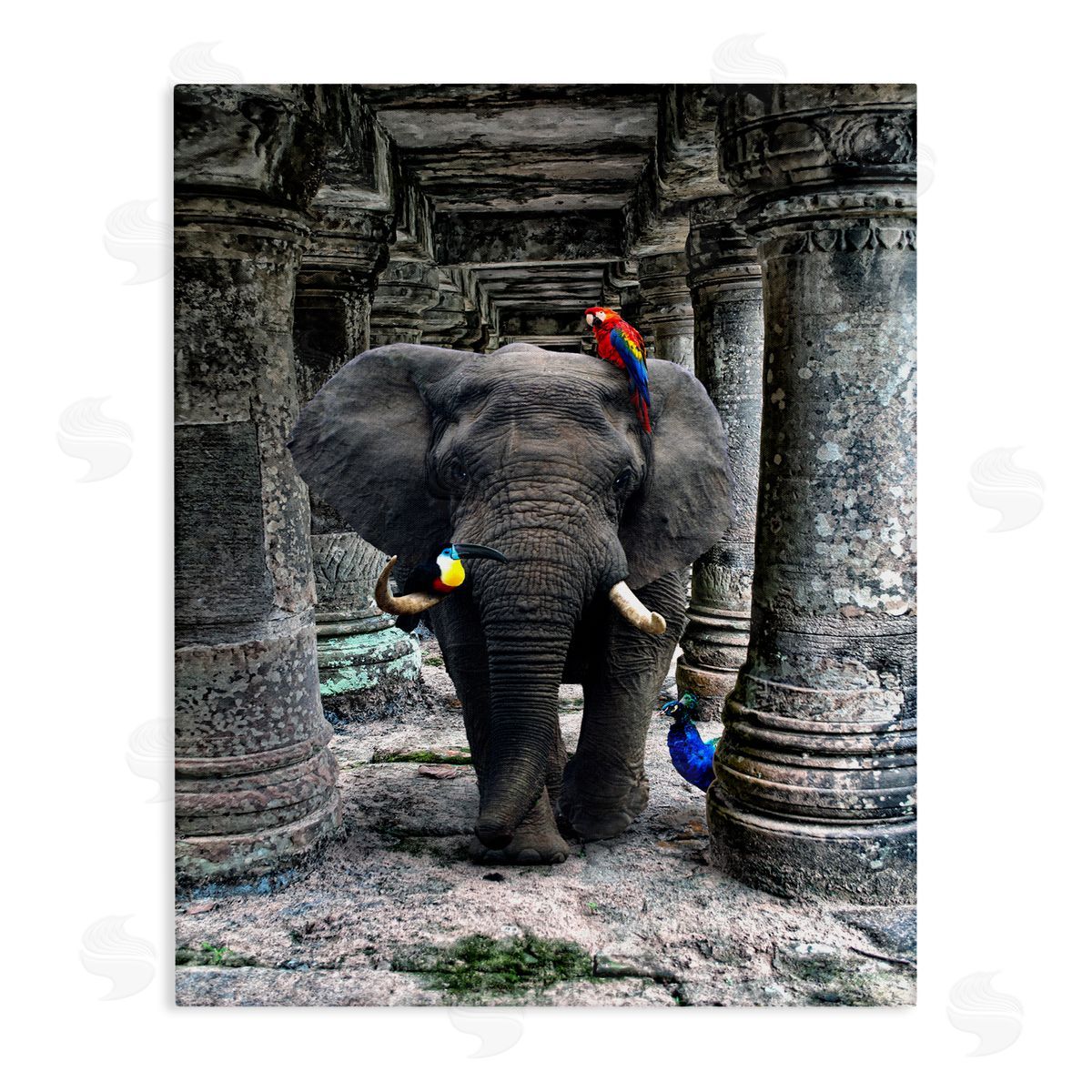 Ziwei Li Elephant Jungle Birds Stone Columns Canvas Wall Art