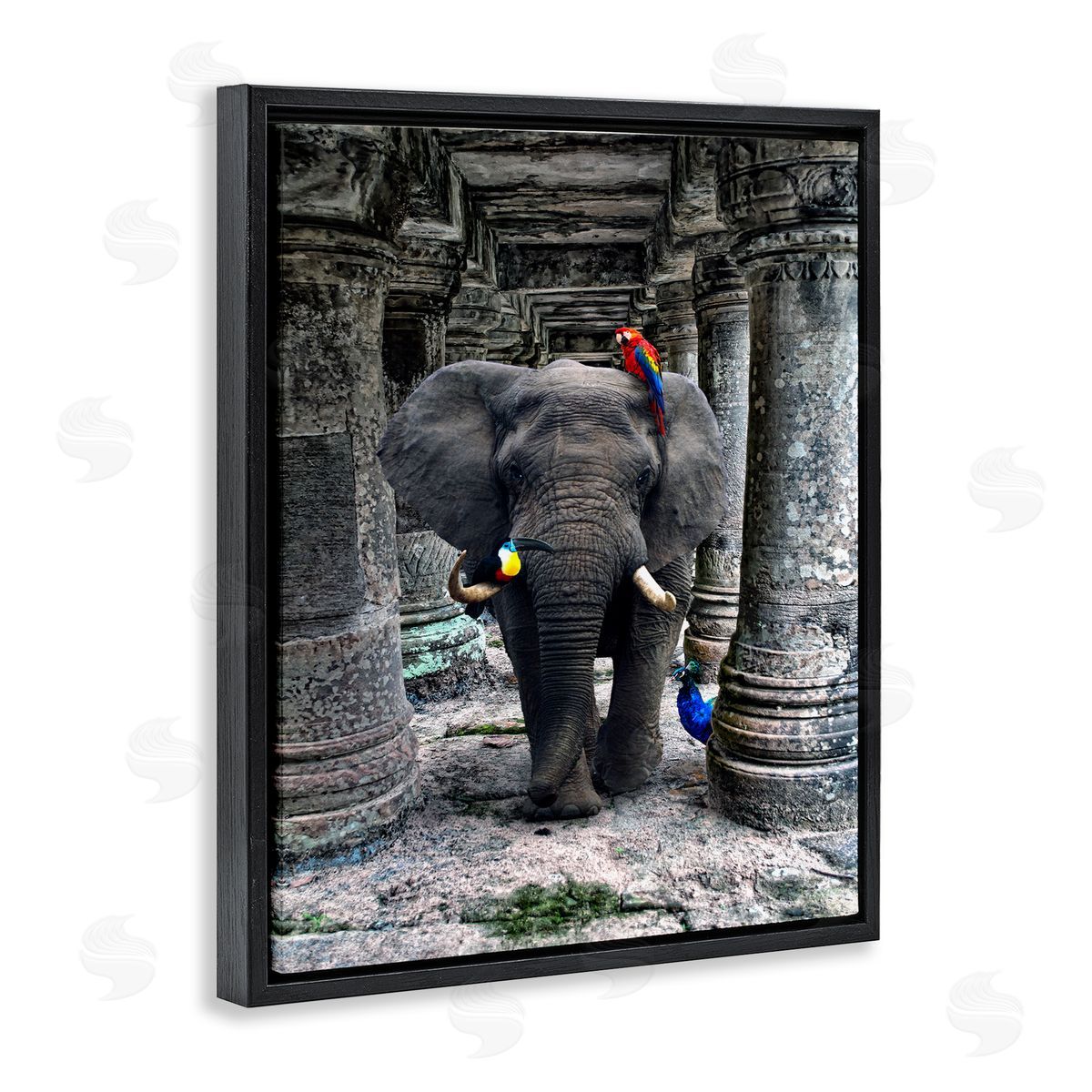 Ziwei Li Elephant Jungle Birds Stone Columns Black Floater Frame Canvas Art