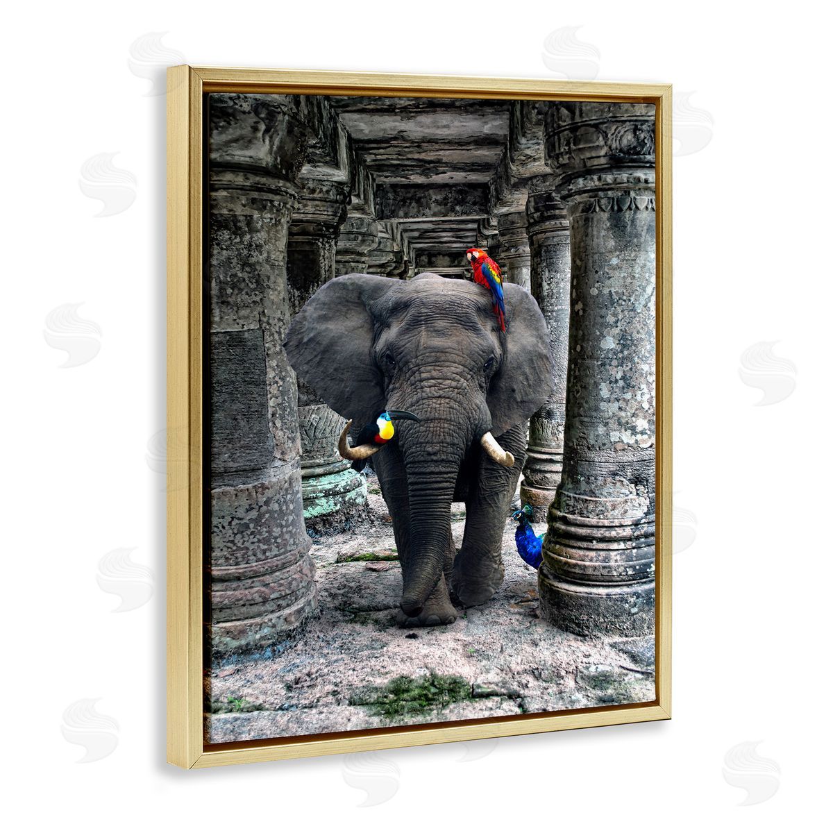 Ziwei Li Elephant Jungle Birds Stone Columns Gold Floater Frame Canvas Art