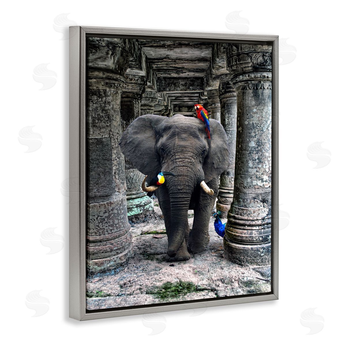 Ziwei Li Elephant Jungle Birds Stone Columns Gray Floater Frame Canvas Art