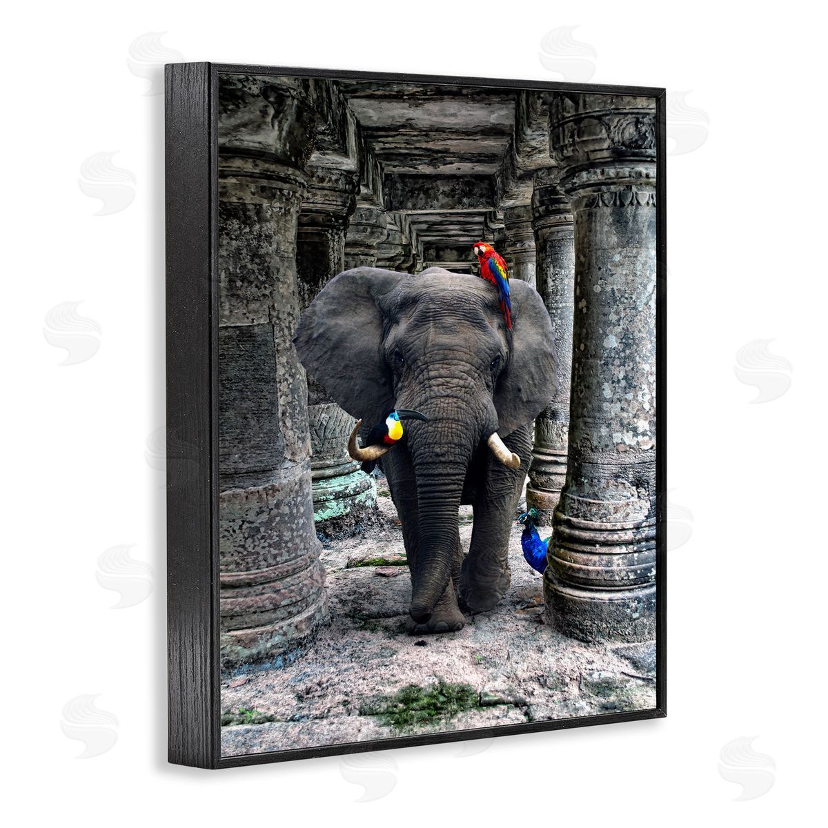Ziwei Li Elephant Jungle Birds Stone Columns Black Framed Giclee Wall Art