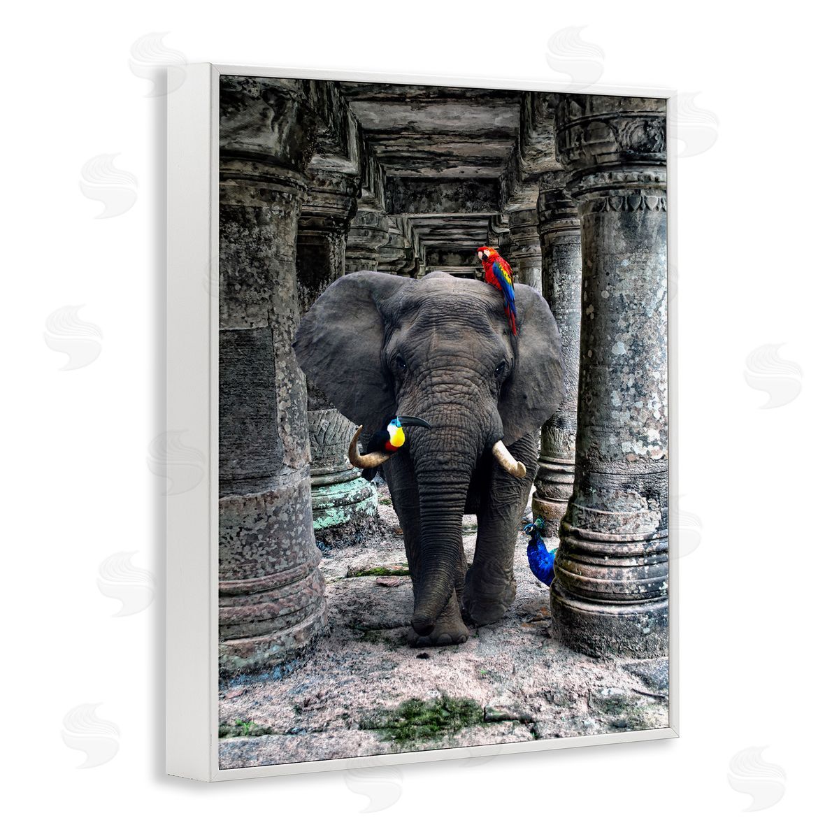 Ziwei Li Elephant Jungle Birds Stone Columns White Framed Giclee Wall Art