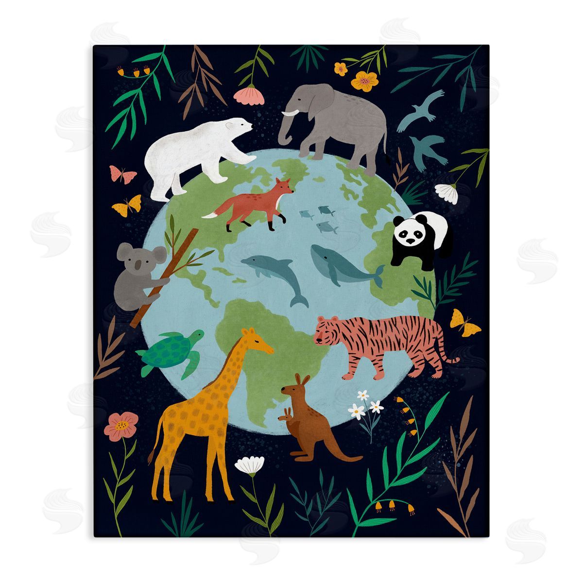 Nina Seven Jungle Animals Earth Floral Border Canvas Wall Art