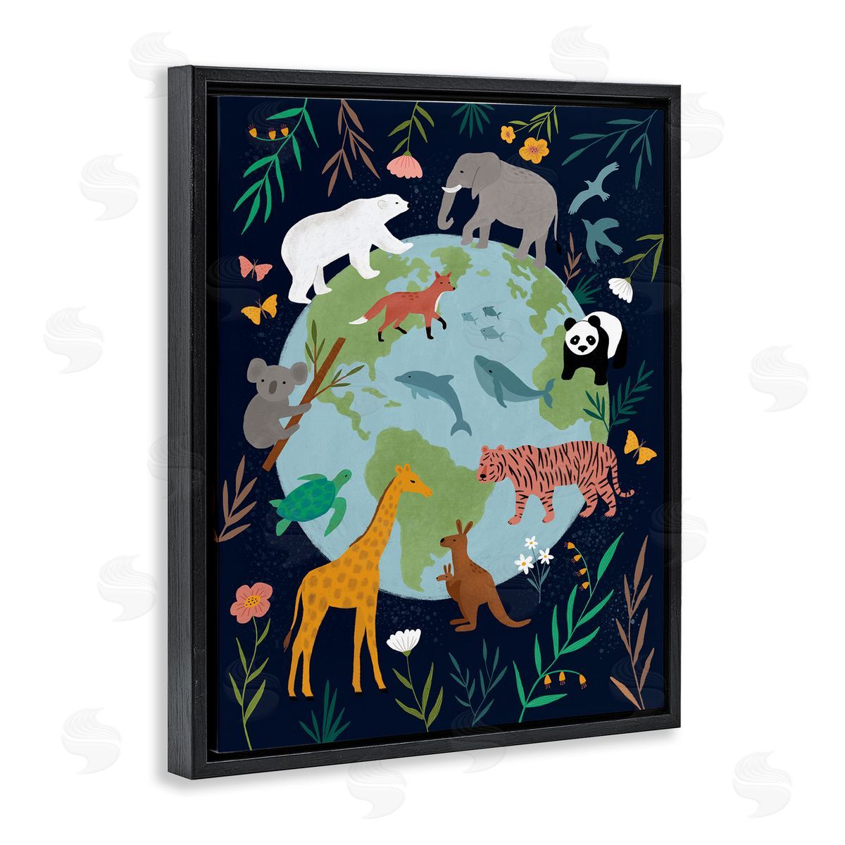 Nina Seven Jungle Animals Earth Floral Border Black Floater Frame Canvas Art