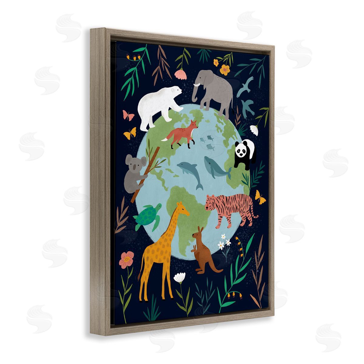 Nina Seven Jungle Animals Earth Floral Border Brown Floater Frame Canvas Art