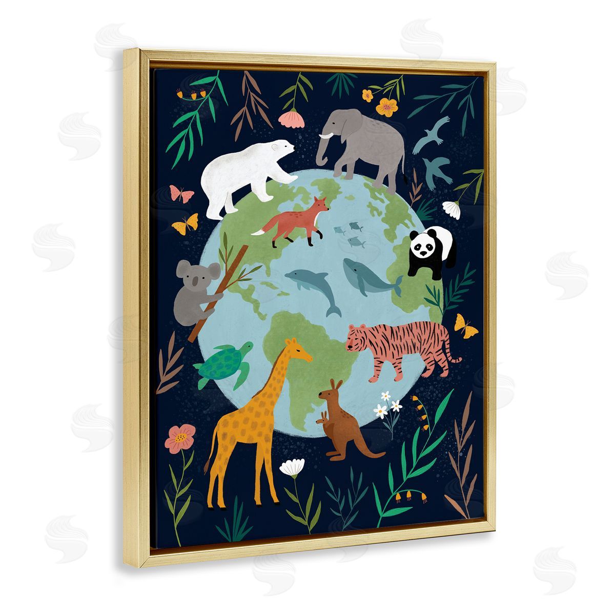 Nina Seven Jungle Animals Earth Floral Border Gold Floater Frame Canvas Art
