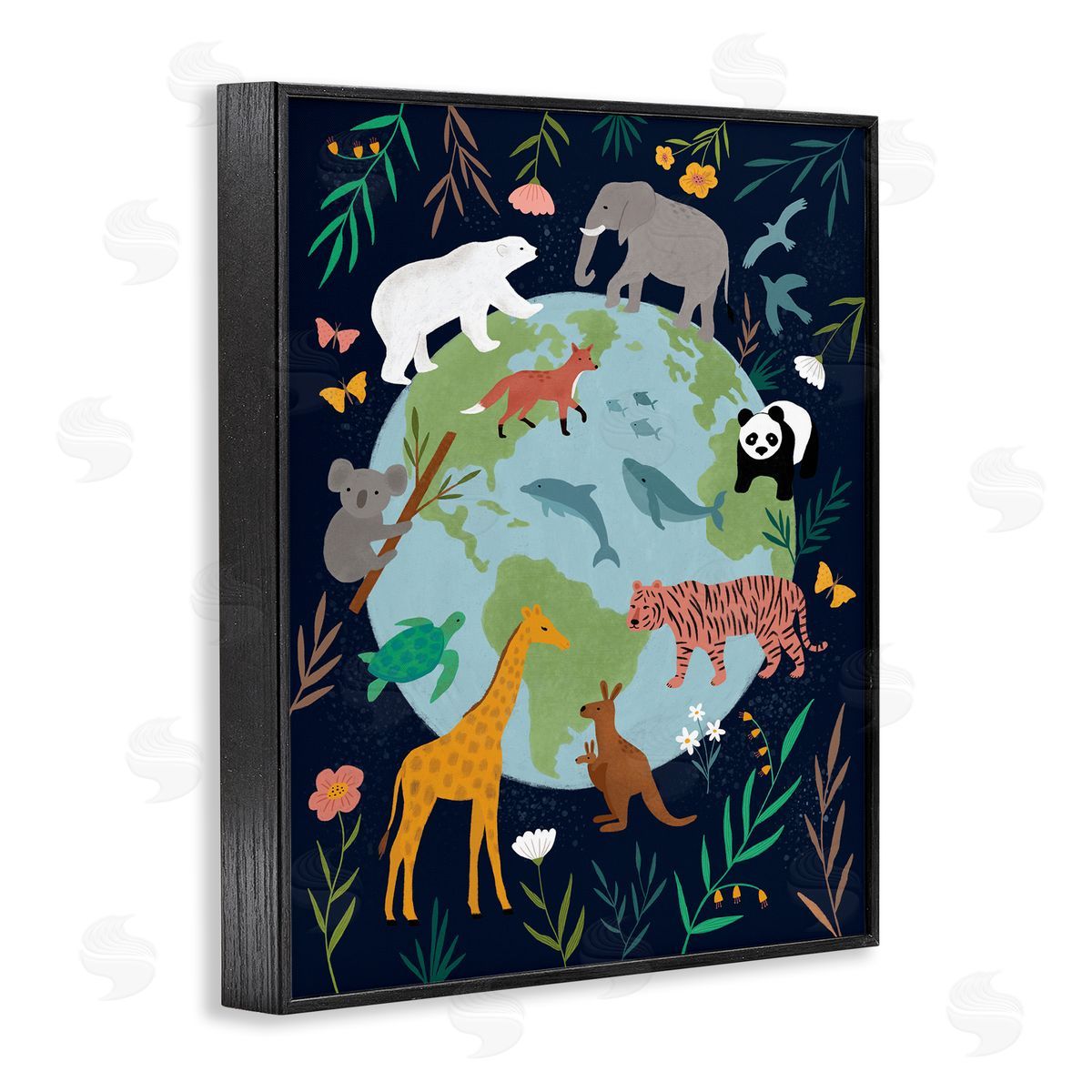 Nina Seven Jungle Animals Earth Floral Border Black Framed Giclee Wall Art