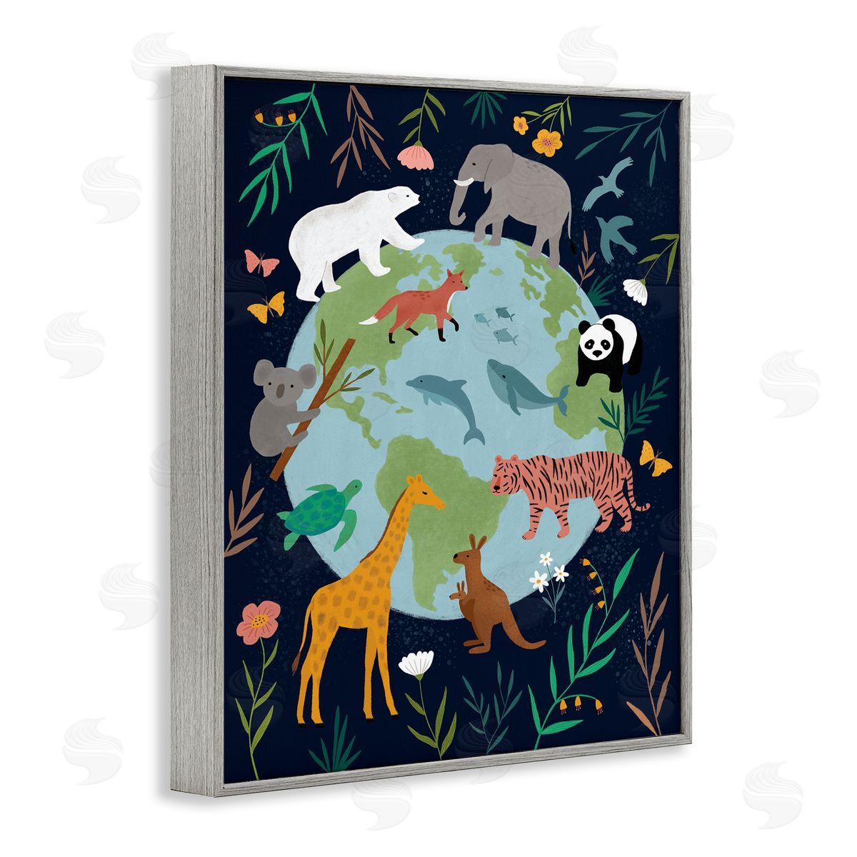 Nina Seven Jungle Animals Earth Floral Border Gray Framed Giclee Wall Art