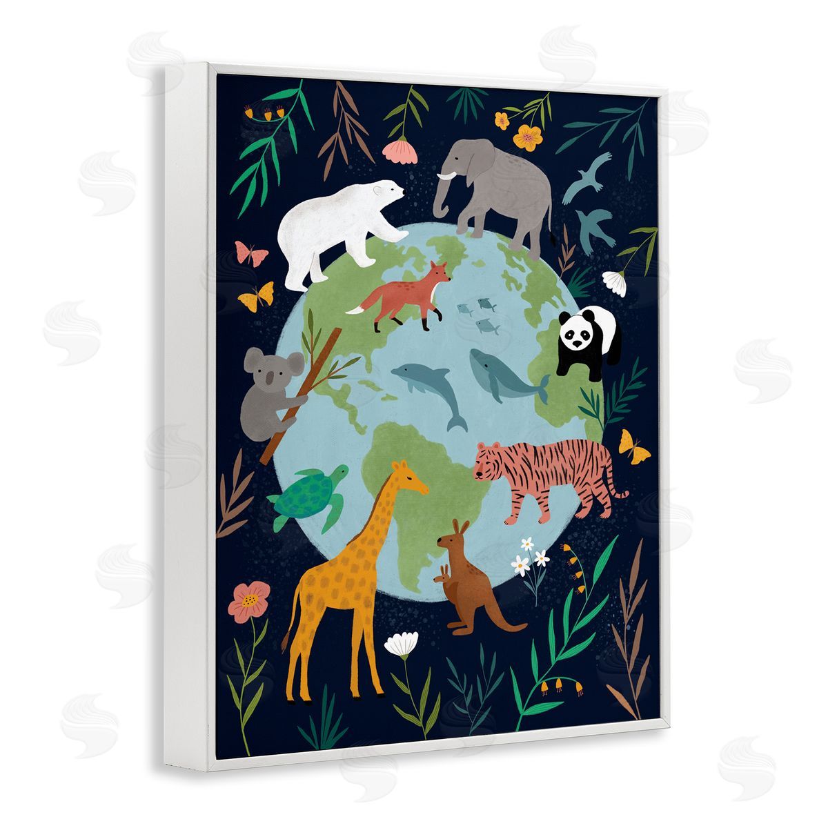 Nina Seven Jungle Animals Earth Floral Border White Framed Giclee Wall Art