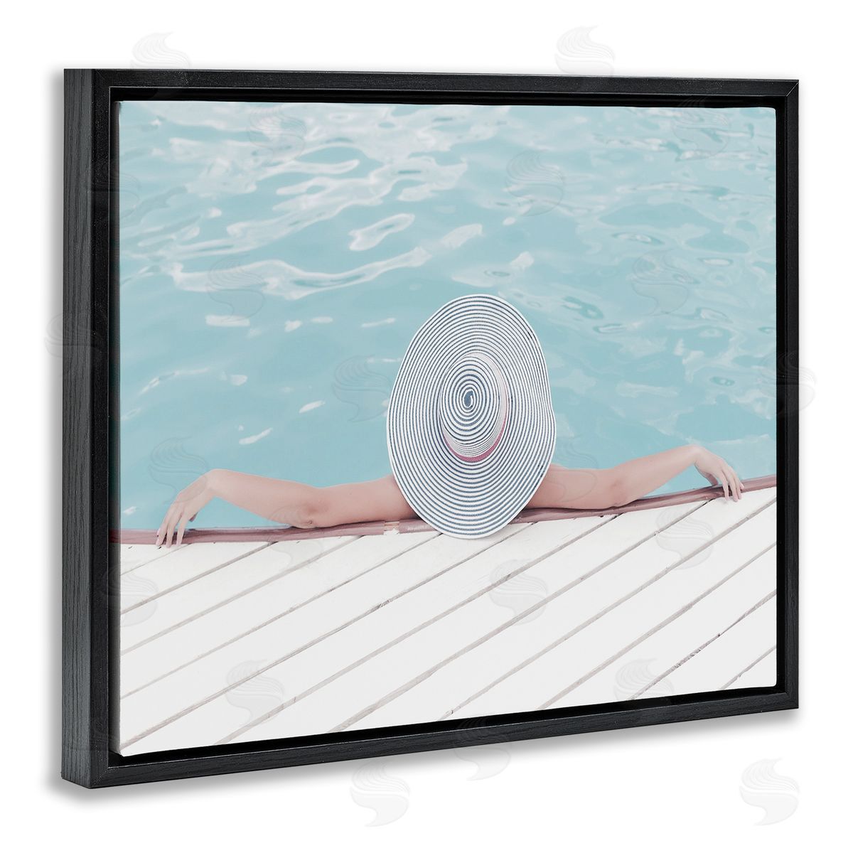 Stupell Studio Woman Relaxing Poolside Summer Hat Black Floater Frame Canvas Art