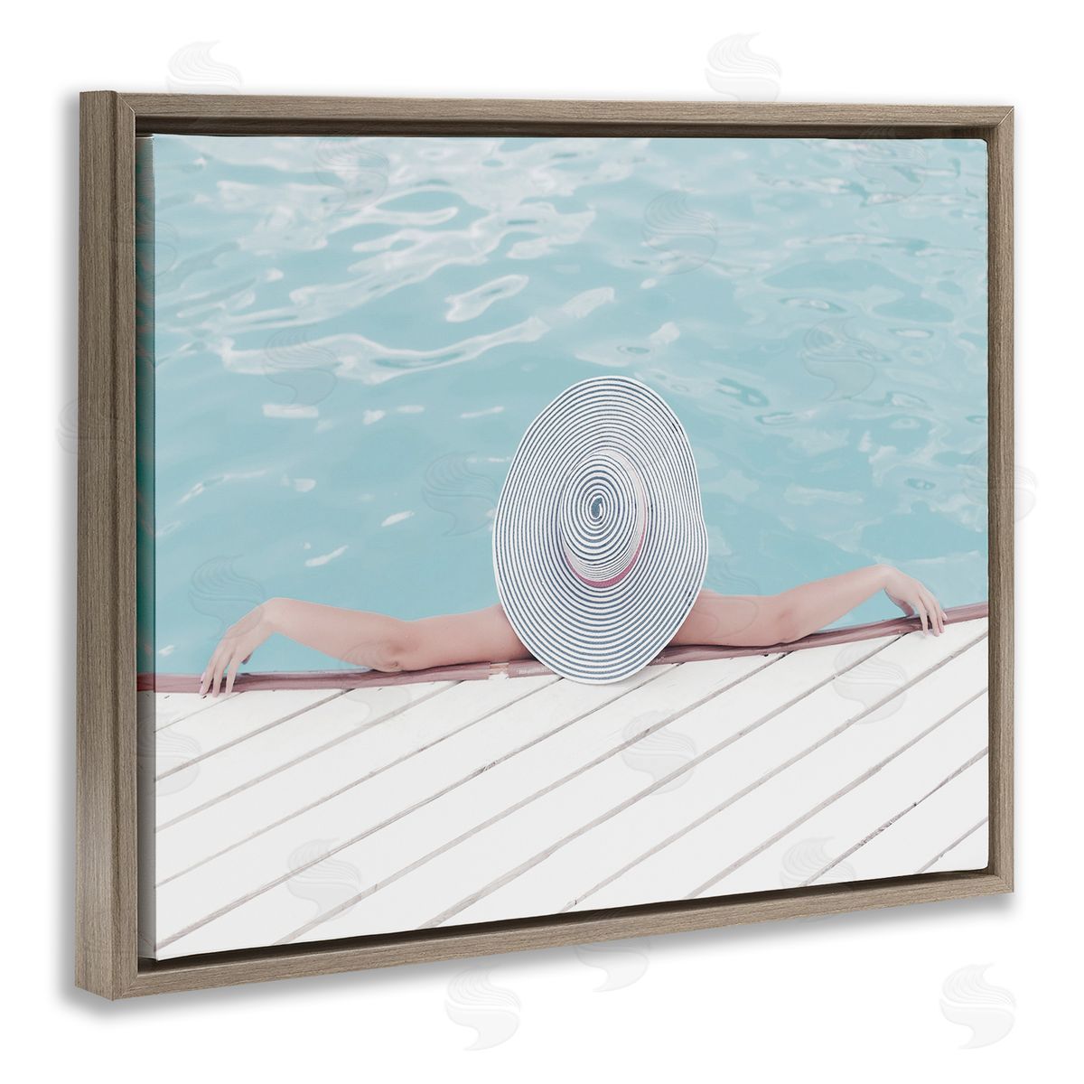 Stupell Studio Woman Relaxing Poolside Summer Hat Brown Floater Frame Canvas Art