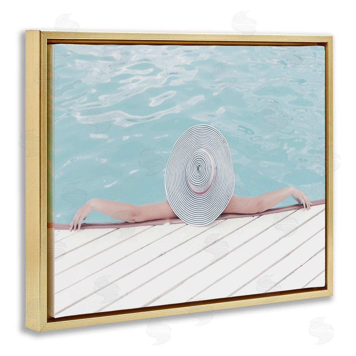 Stupell Studio Woman Relaxing Poolside Summer Hat Gold Floater Frame Canvas Art
