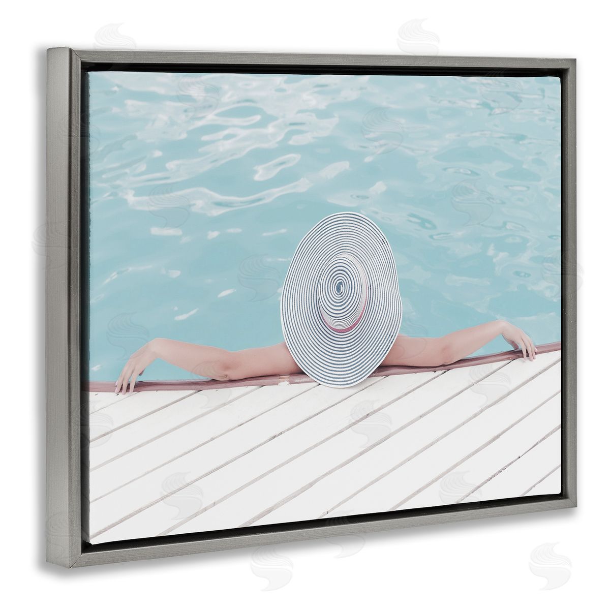 Stupell Studio Woman Relaxing Poolside Summer Hat Gray Floater Frame Canvas Art