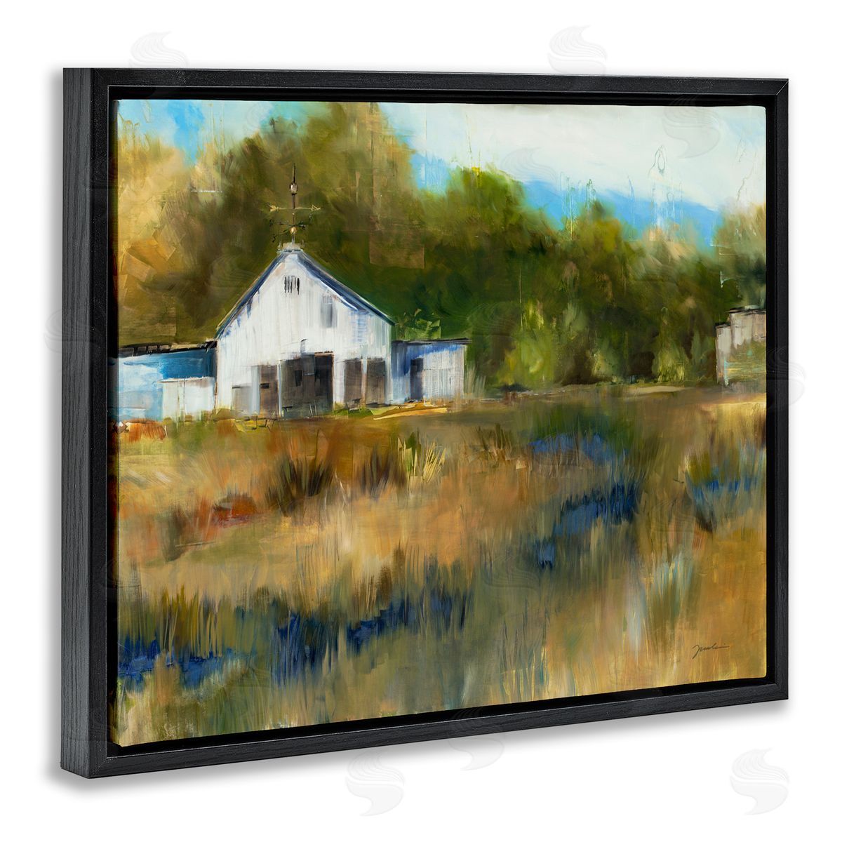 Liz Jardine White Farmhouse Landscape Rustic Black Floater Frame Canvas Art