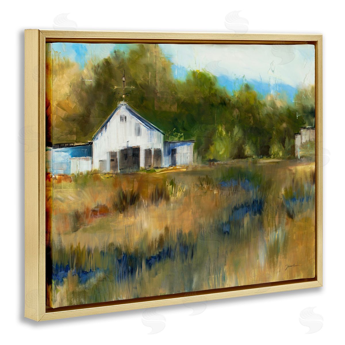 Liz Jardine White Farmhouse Landscape Rustic Gold Floater Frame Canvas Art