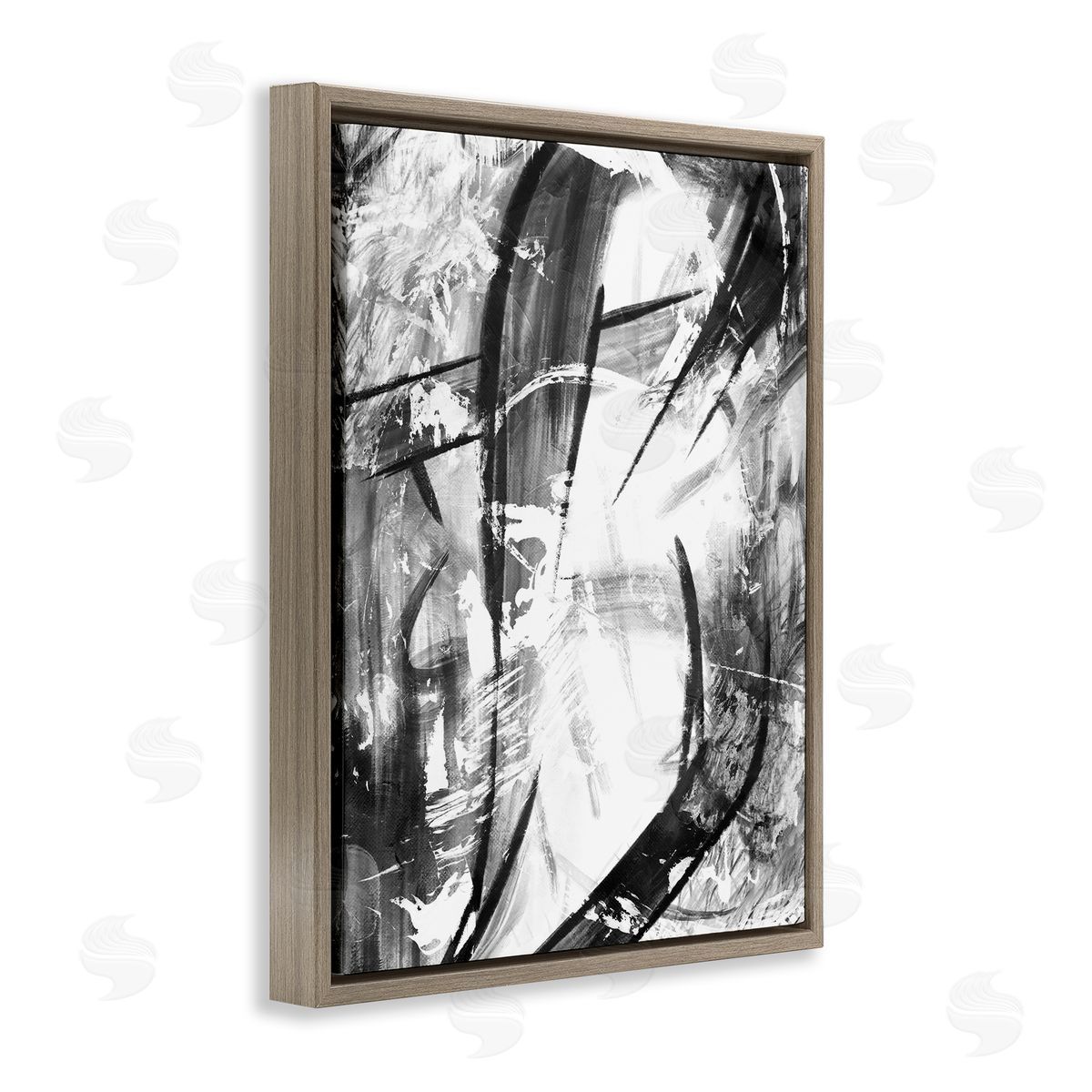 OnRei Dramatic Abstract Black and White Design Brown Floater Frame Canvas Art
