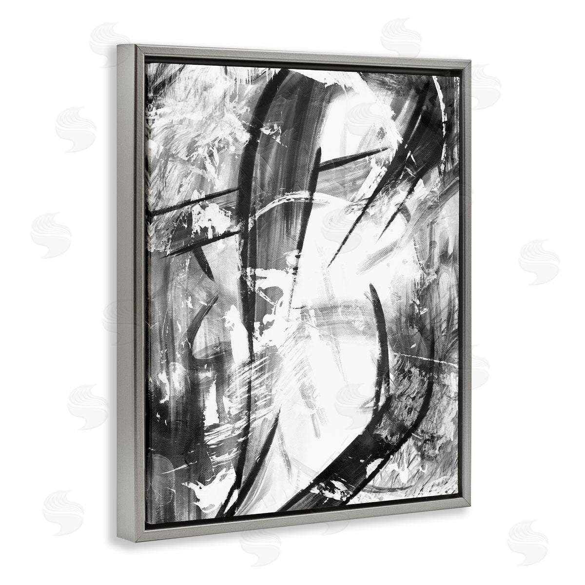 OnRei Dramatic Abstract Black and White Design Gray Floater Frame Canvas Art