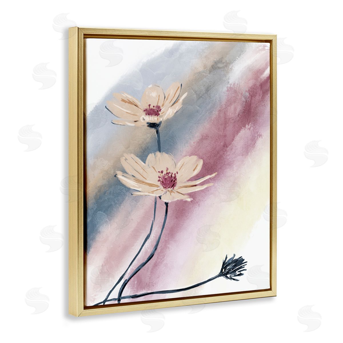 OnRei Abstract Beige Florals Muted Rainbow Gold Floater Frame Canvas Art