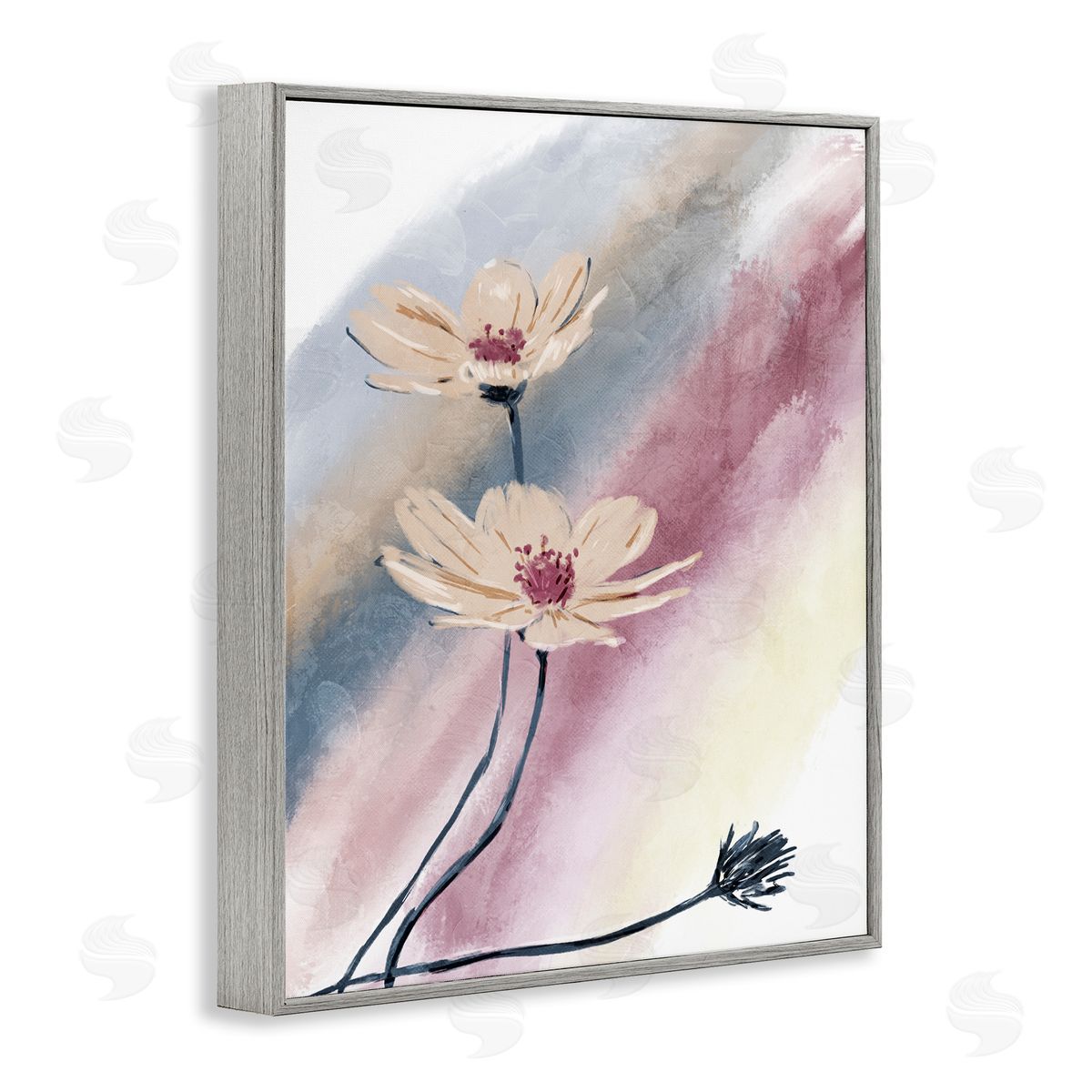 OnRei Abstract Beige Florals Muted Rainbow Gray Framed Giclee Wall Art