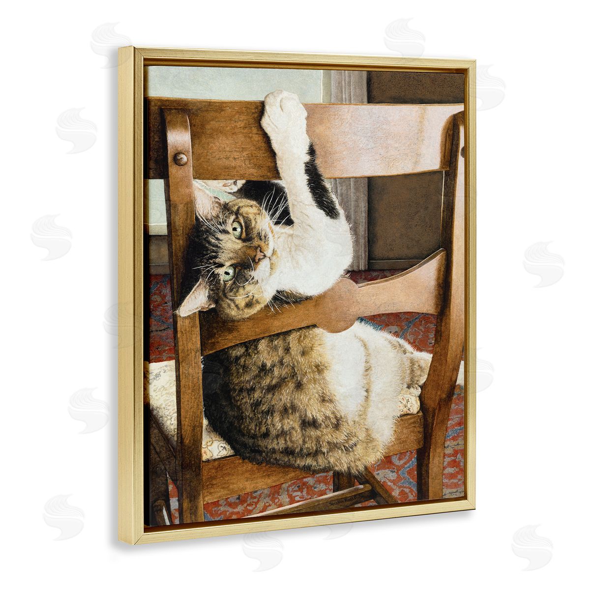 Sueellen Ross Country Cat Lounging Wooden Chair Gold Floater Frame Canvas Art