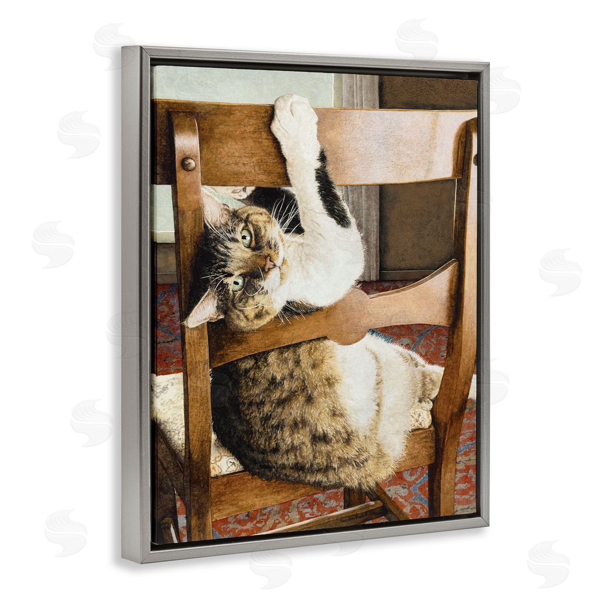 Sueellen Ross Country Cat Lounging Wooden Chair Gray Floater Frame Canvas Art