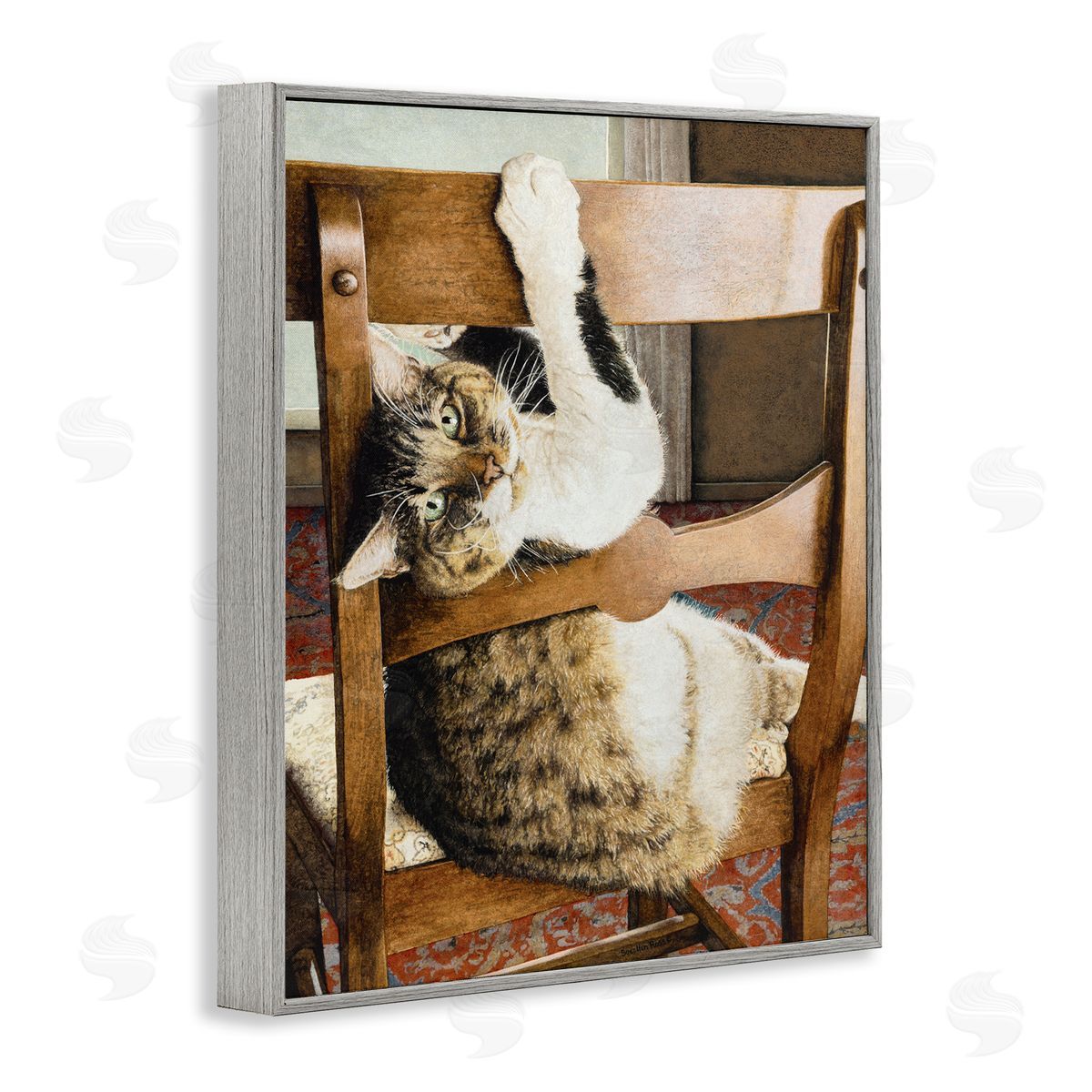 Sueellen Ross Country Cat Lounging Wooden Chair Gray Framed Giclee Wall Art