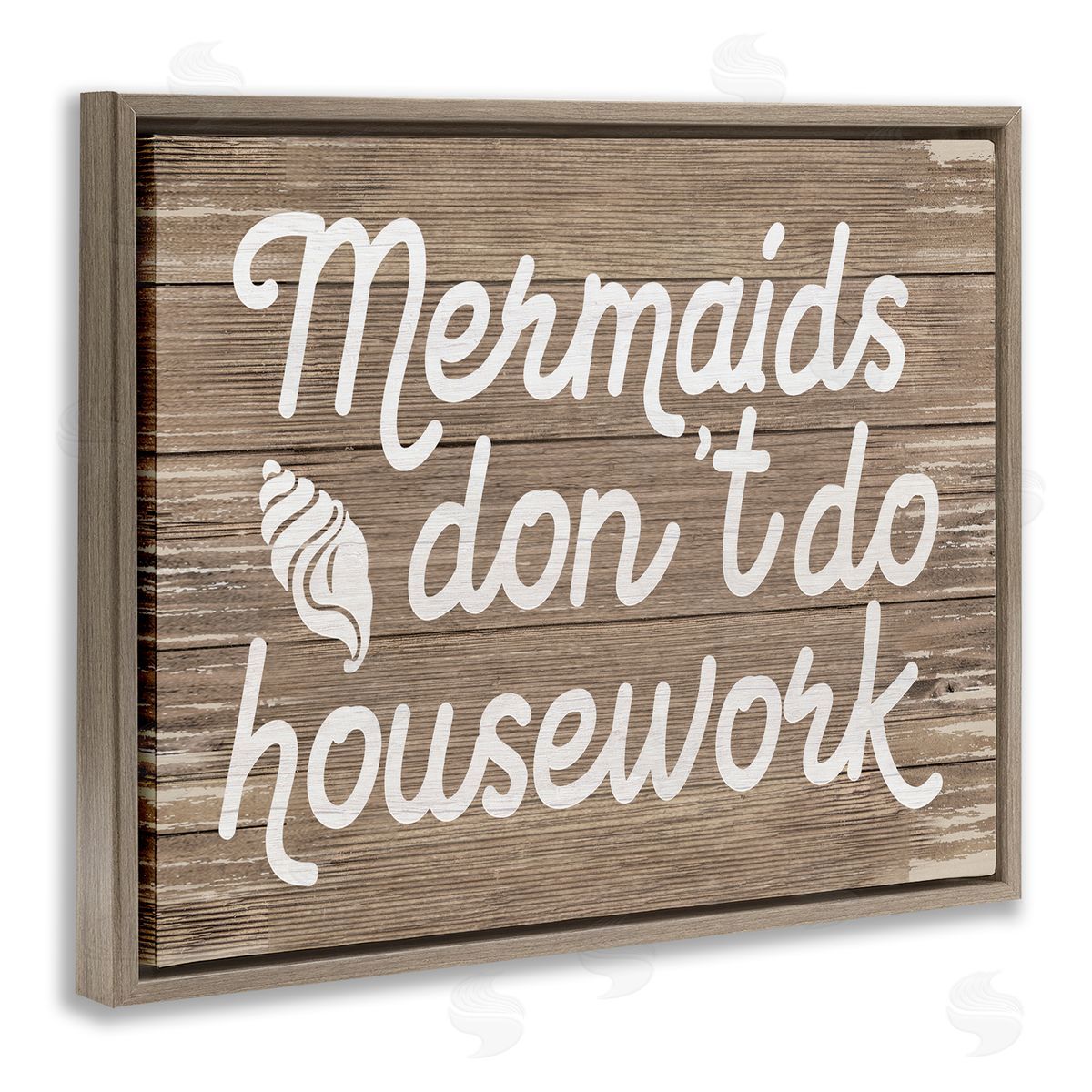Stupell Studio Nautical Mermaids Don't Do Housework  Brown Floater Frame Canvas Art