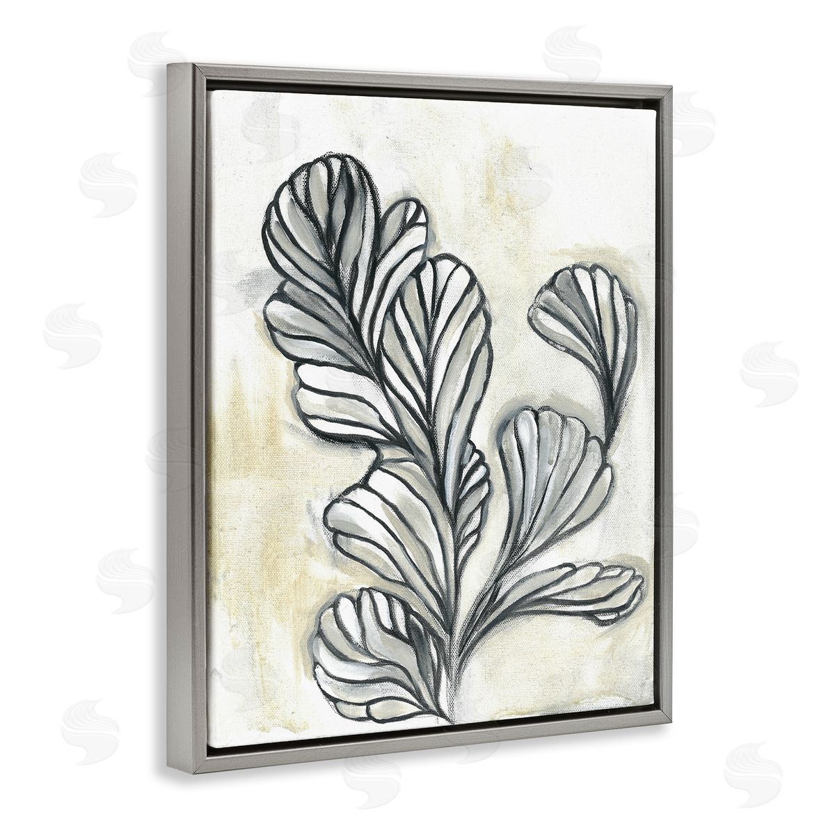 Stupell Studio Fluid Plant Stem Abstraction Minimal Black Beige Gray Floater Frame Canvas Art