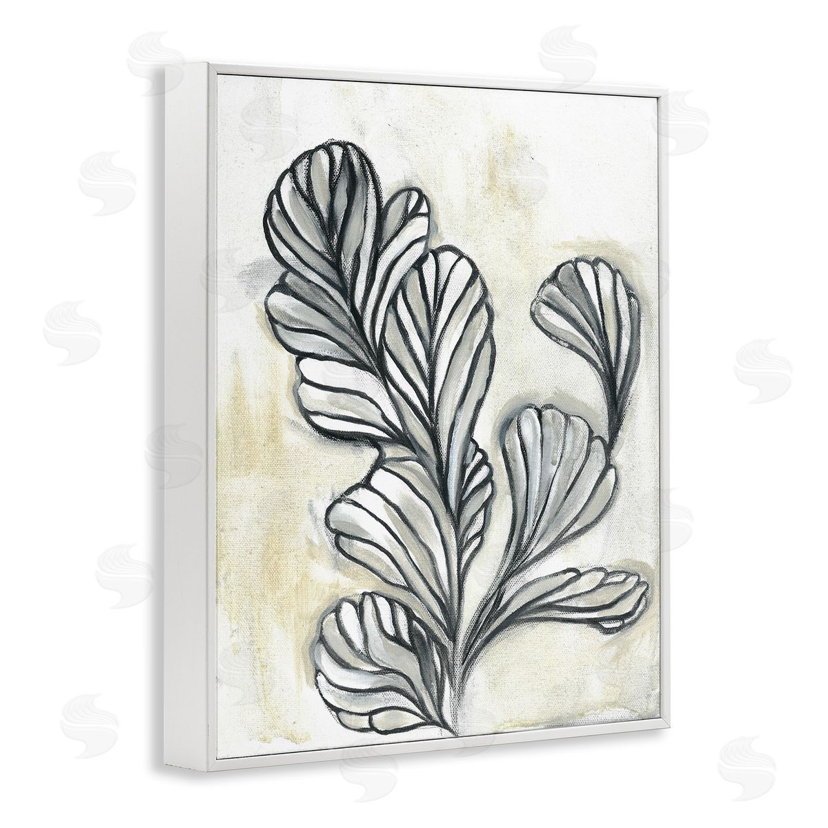 Stupell Studio Fluid Plant Stem Abstraction Minimal Black Beige White Framed Giclee Wall Art
