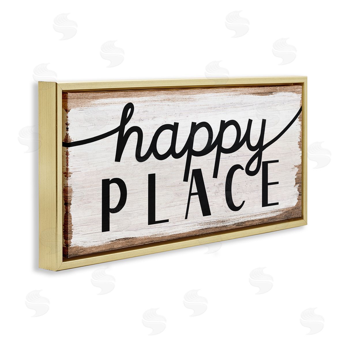 Stupell Studio Rustic Happy Place Distressed Sign Gold Floater Frame Canvas Art