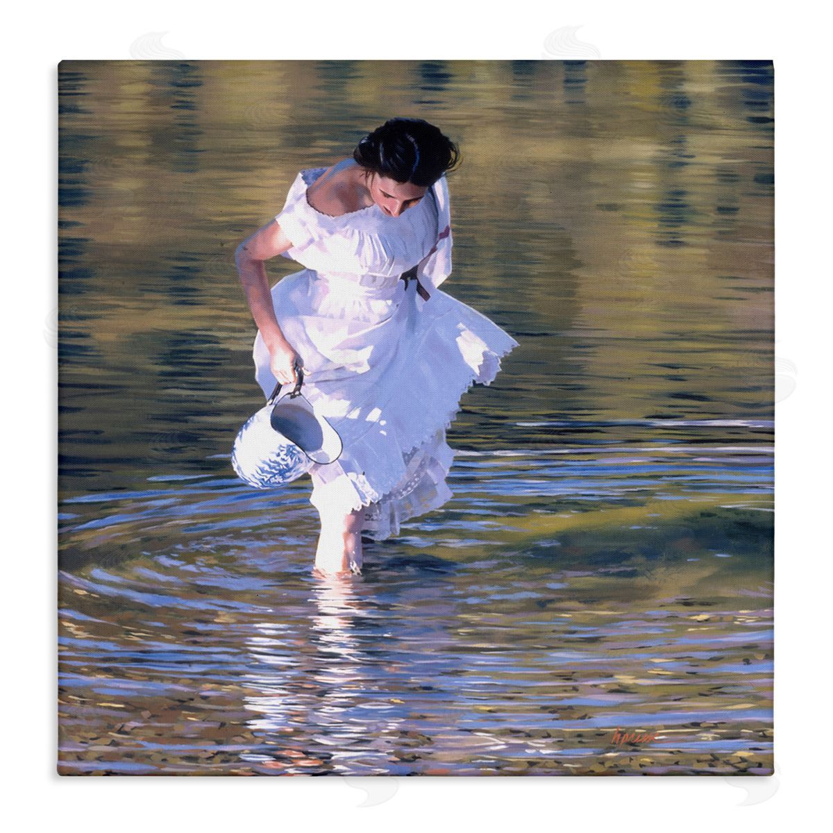 Heide Presse Woman in Stream Realistic Painting Canvas Wall Art