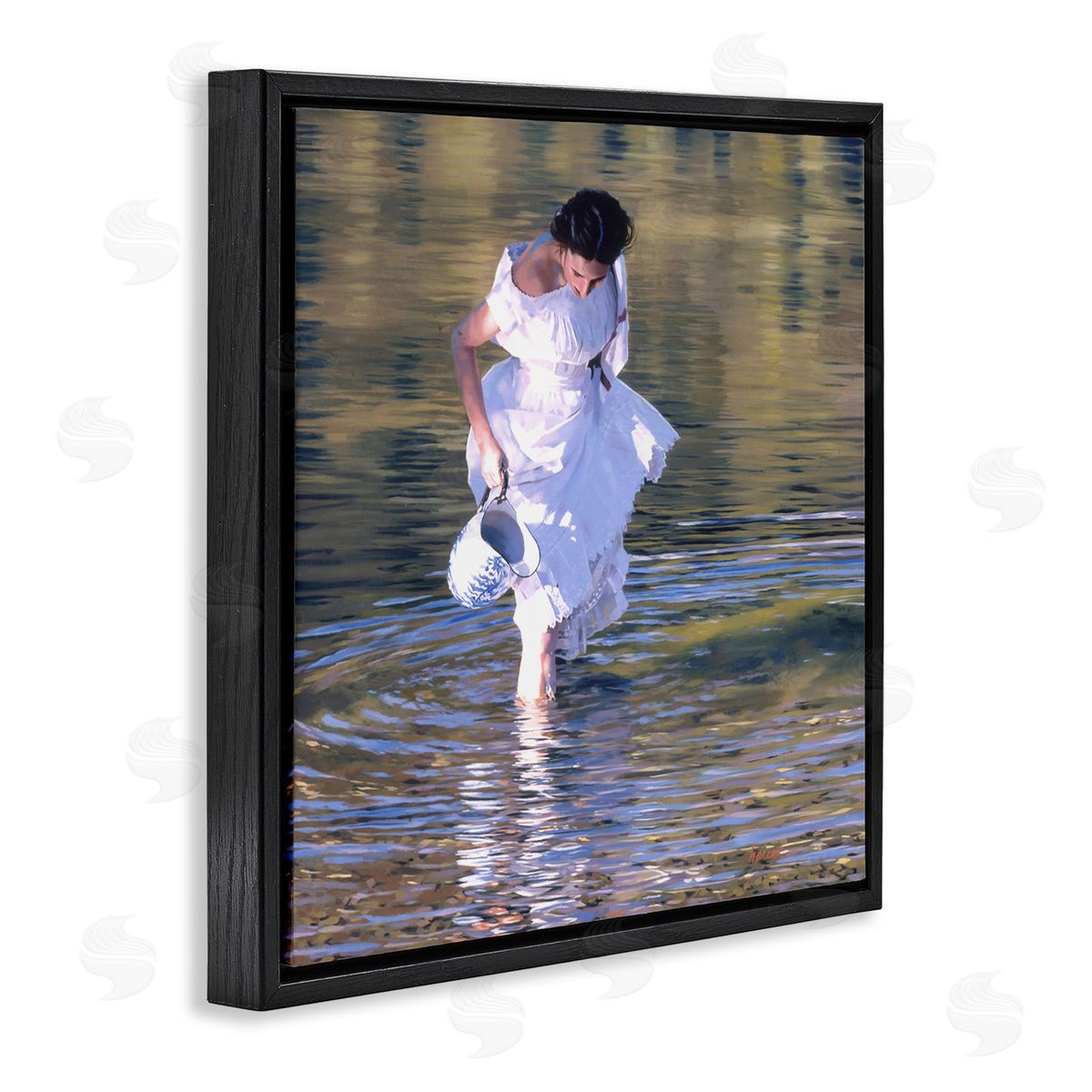 Heide Presse Woman in Stream Realistic Painting Black Floater Frame Canvas Art