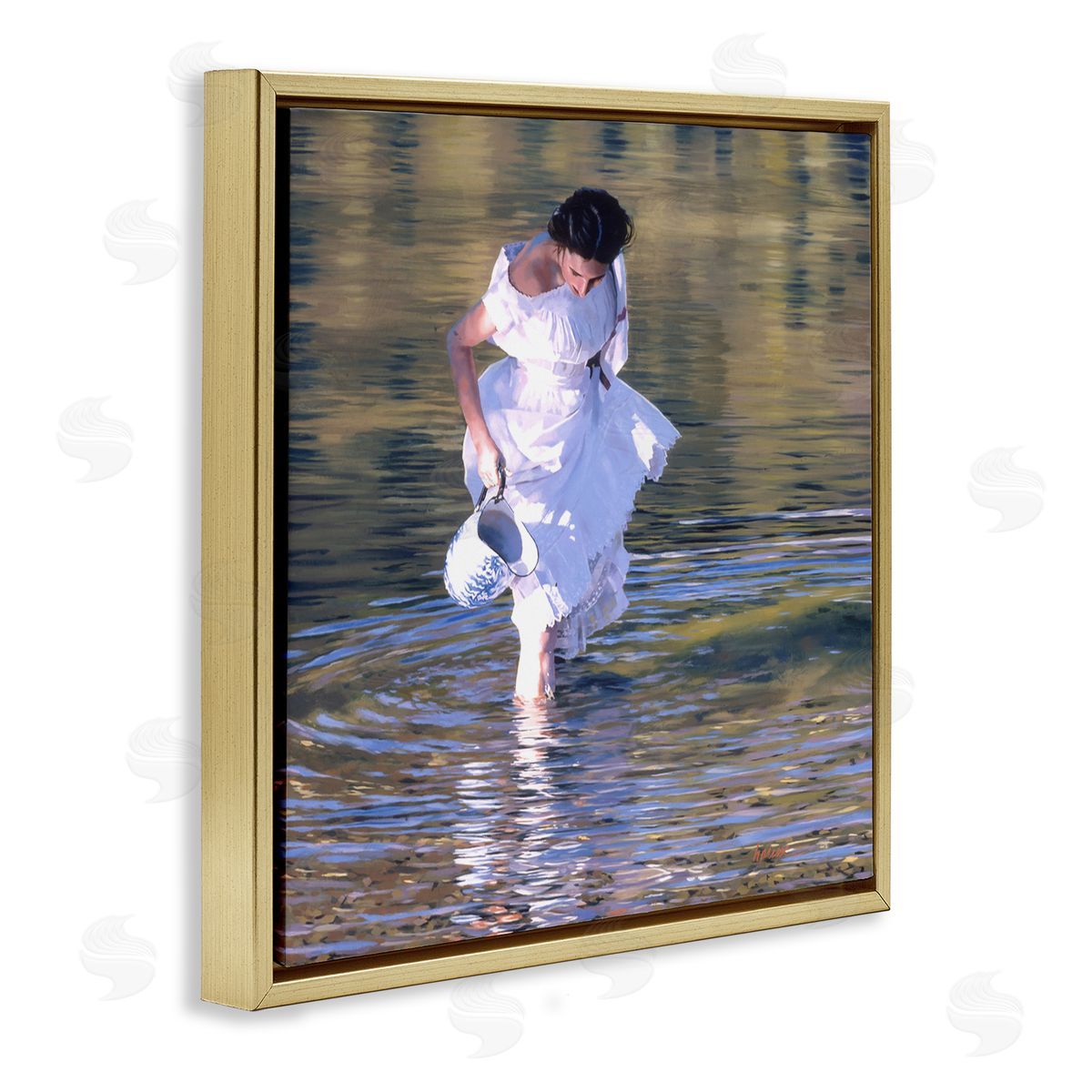 Heide Presse Woman in Stream Realistic Painting Gold Floater Frame Canvas Art