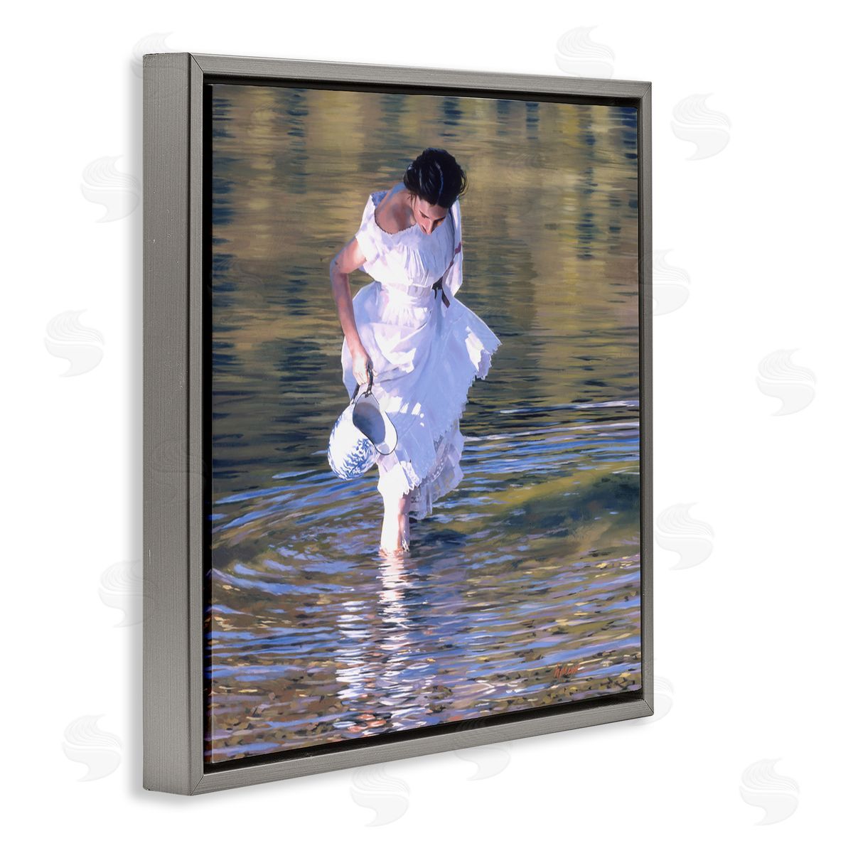 Heide Presse Woman in Stream Realistic Painting Gray Floater Frame Canvas Art