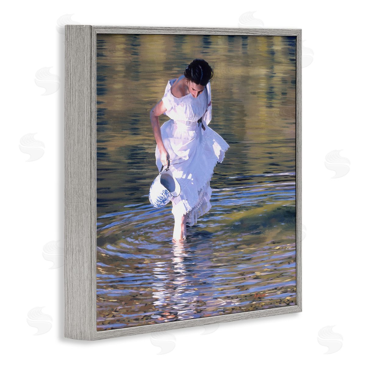 Heide Presse Woman in Stream Realistic Painting Gray Framed Giclee Wall Art