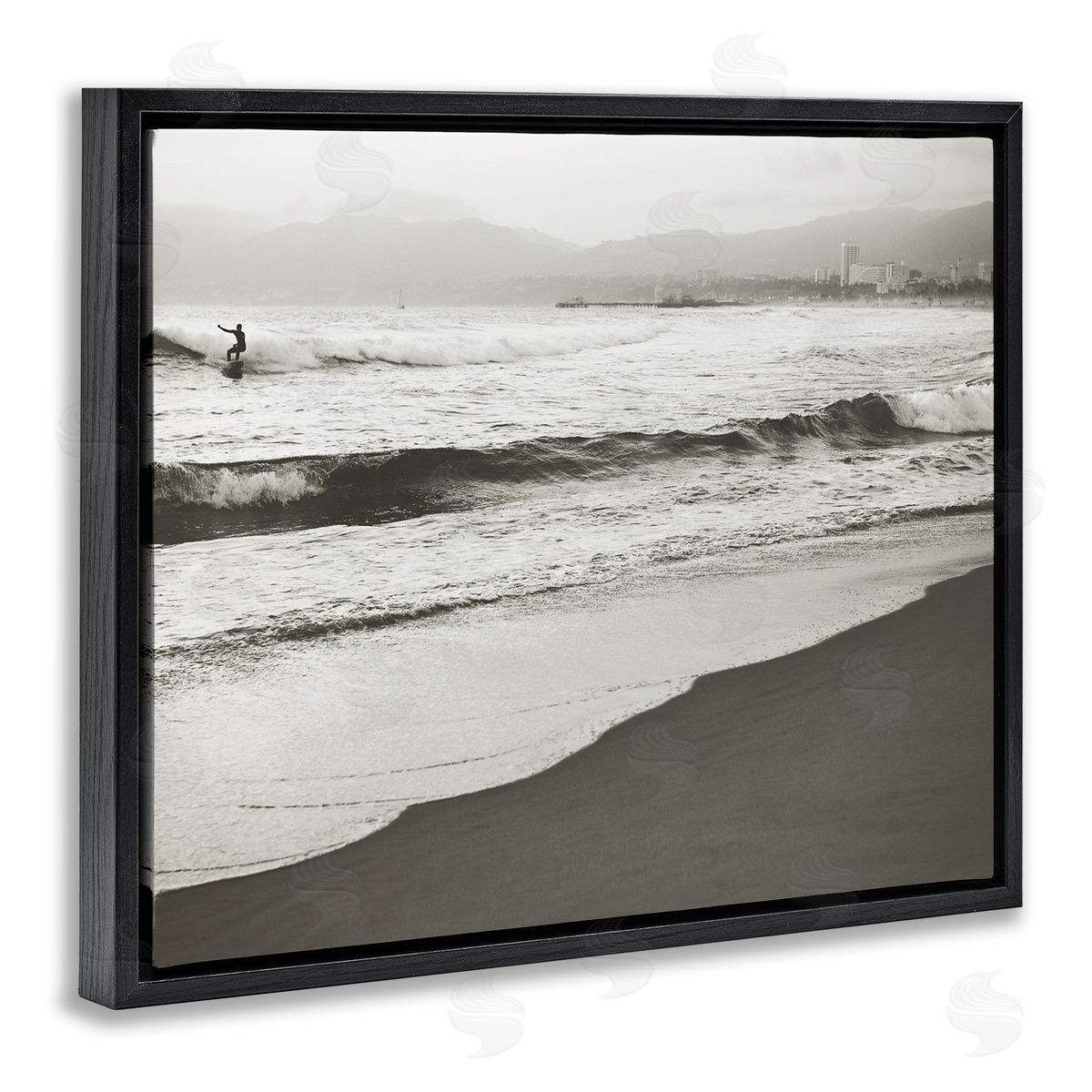 Myan Soffia Sepia Beach Wave Surfer Black Floater Frame Canvas Art