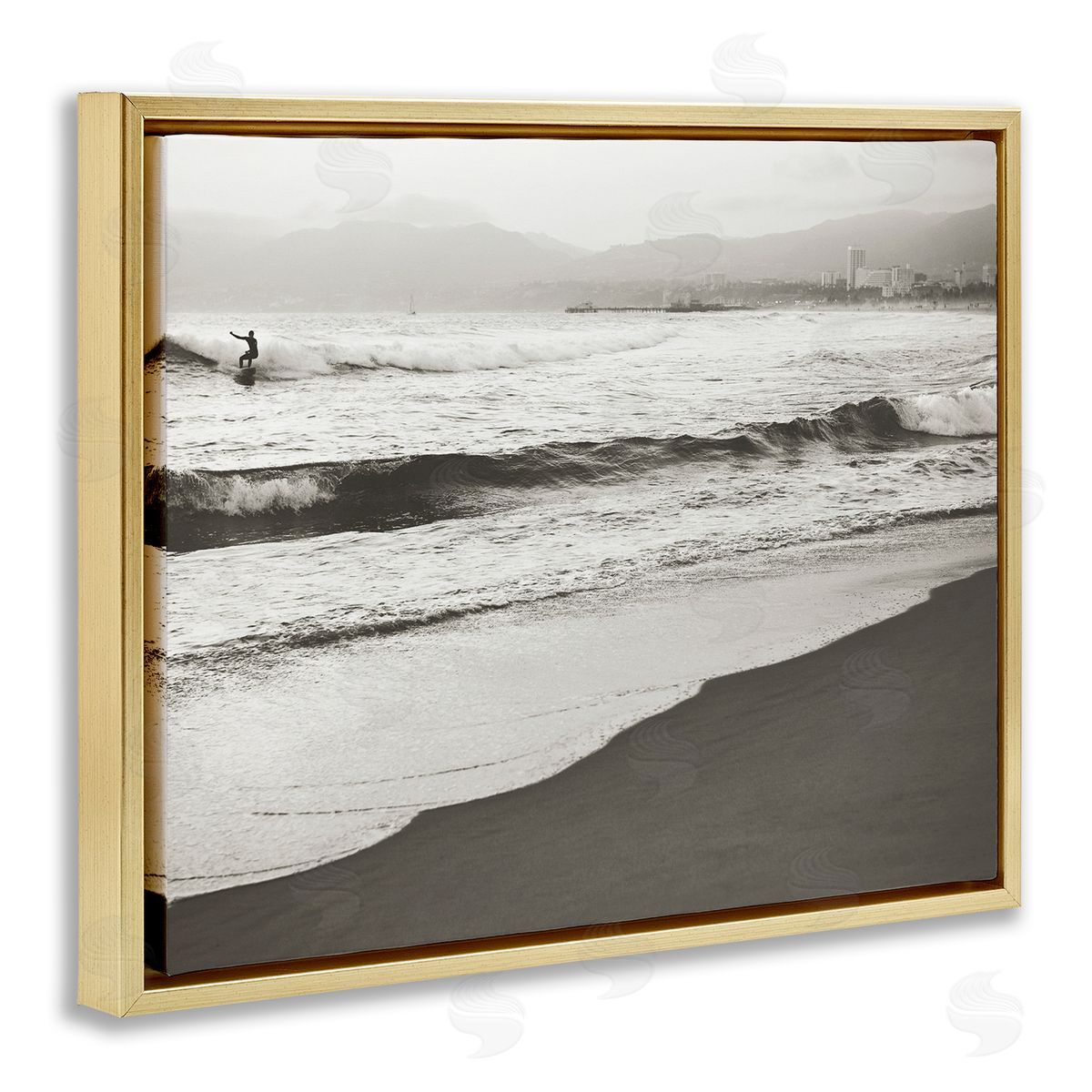Myan Soffia Sepia Beach Wave Surfer Gold Floater Frame Canvas Art
