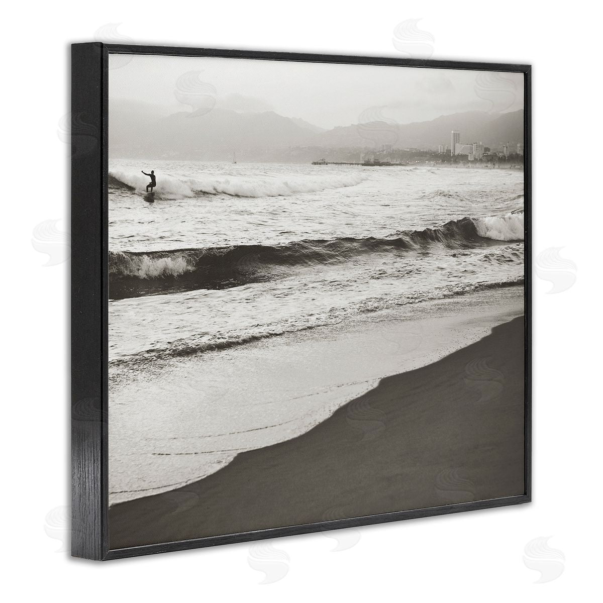 Myan Soffia Sepia Beach Wave Surfer Black Framed Giclee Wall Art