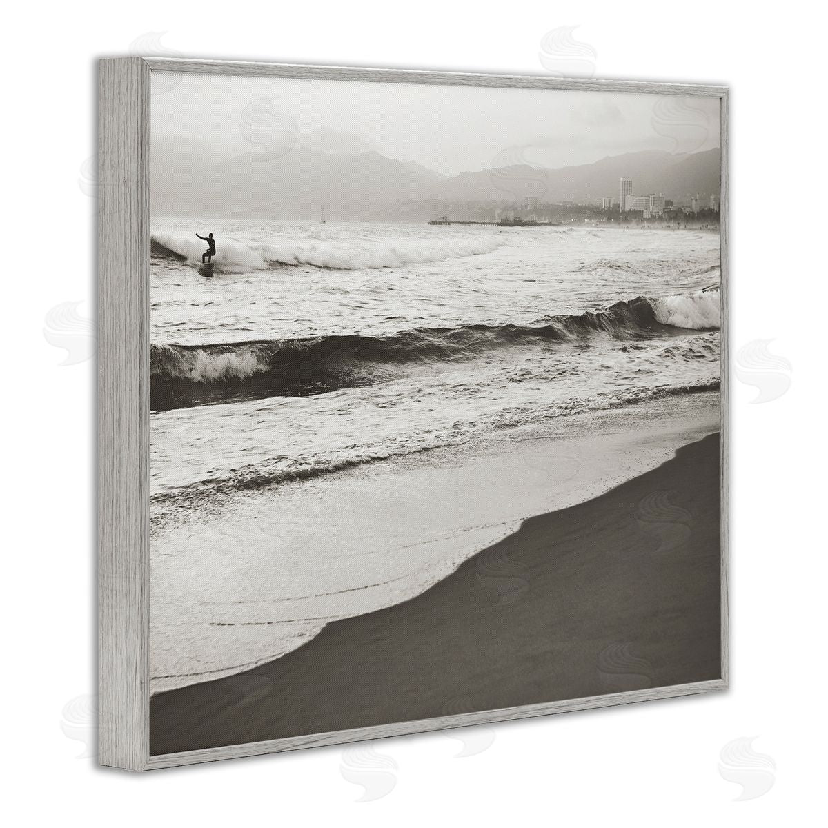 Myan Soffia Sepia Beach Wave Surfer Gray Framed Giclee Wall Art