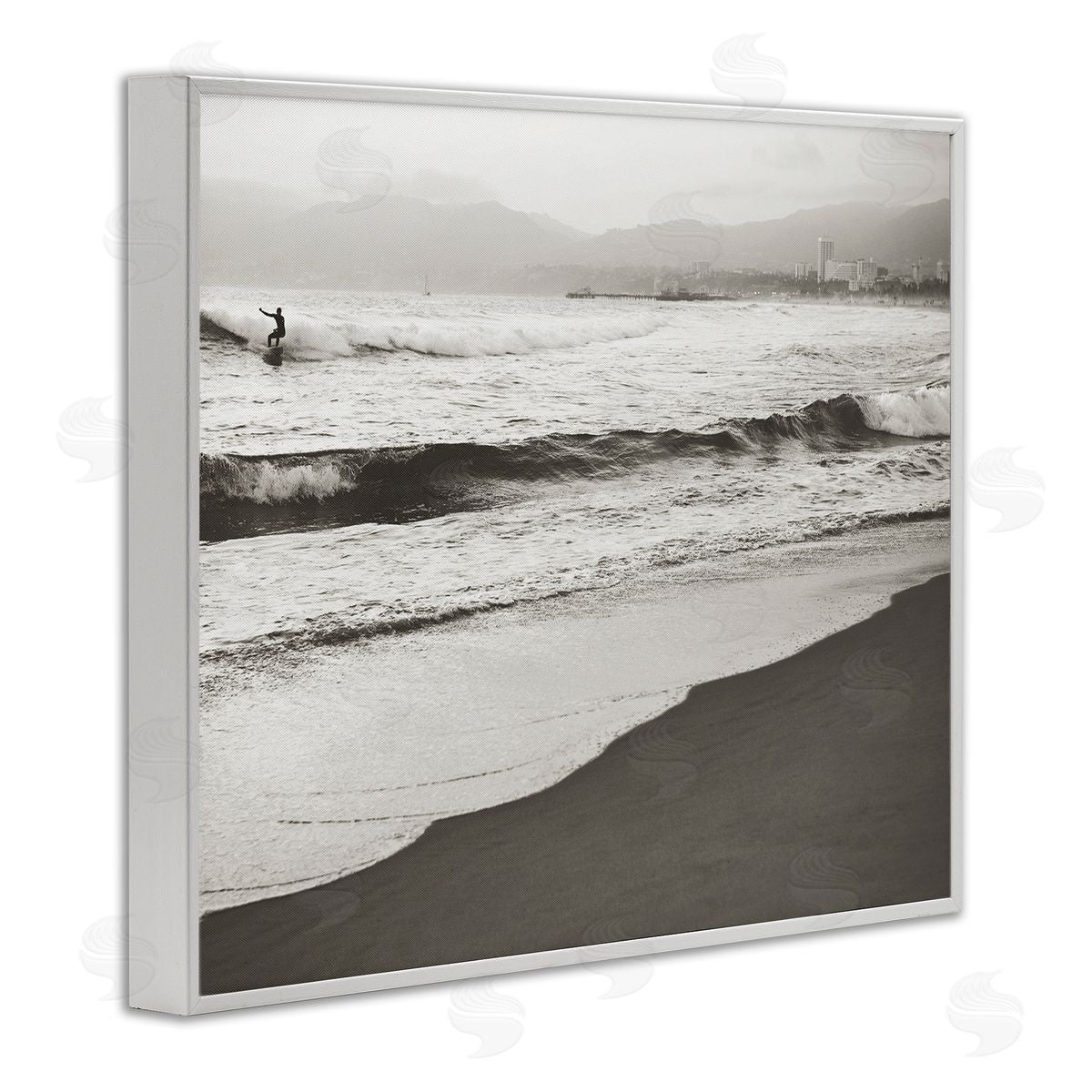 Myan Soffia Sepia Beach Wave Surfer White Framed Giclee Wall Art