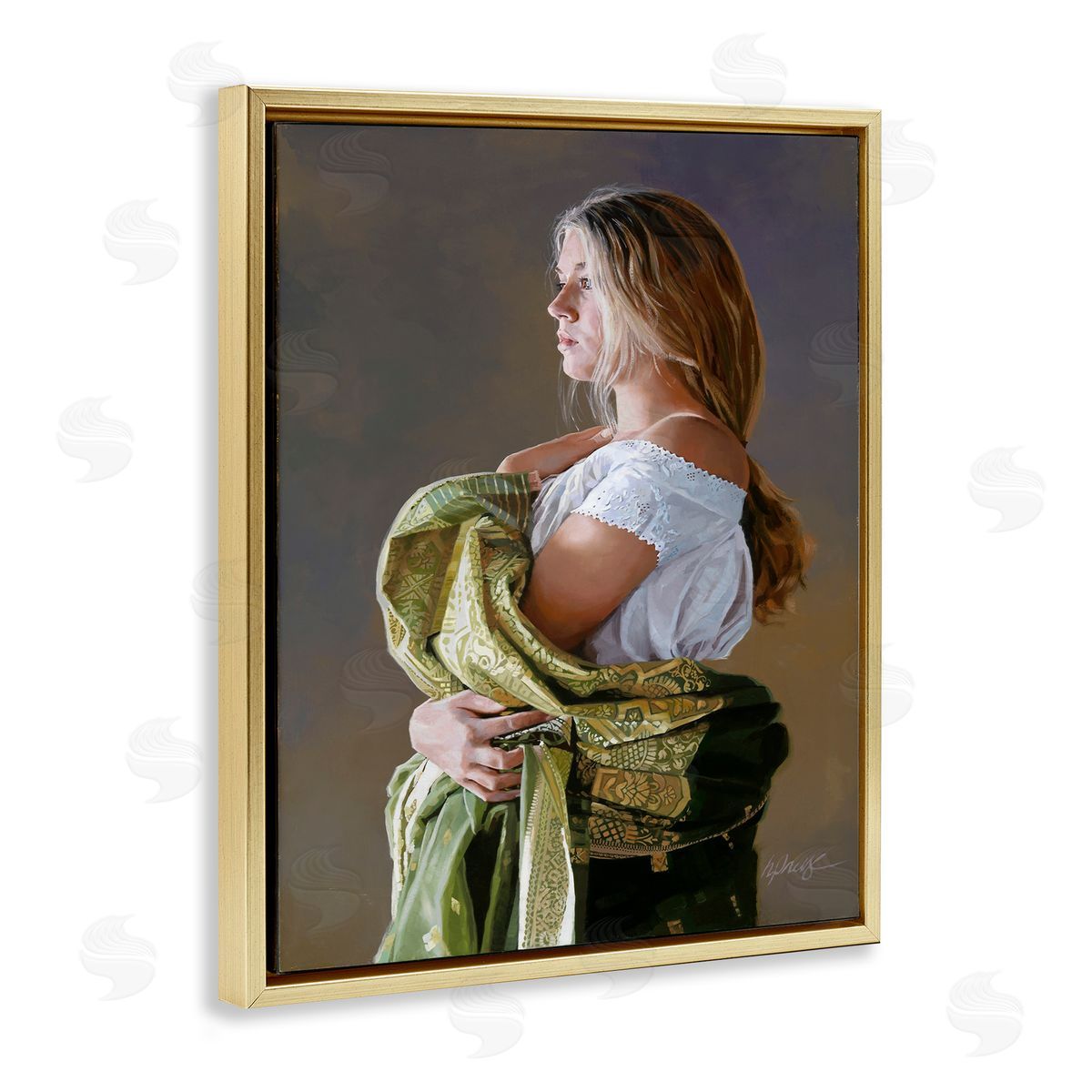 Heide Presse Woman with Intricate Cloth Gold Floater Frame Canvas Art