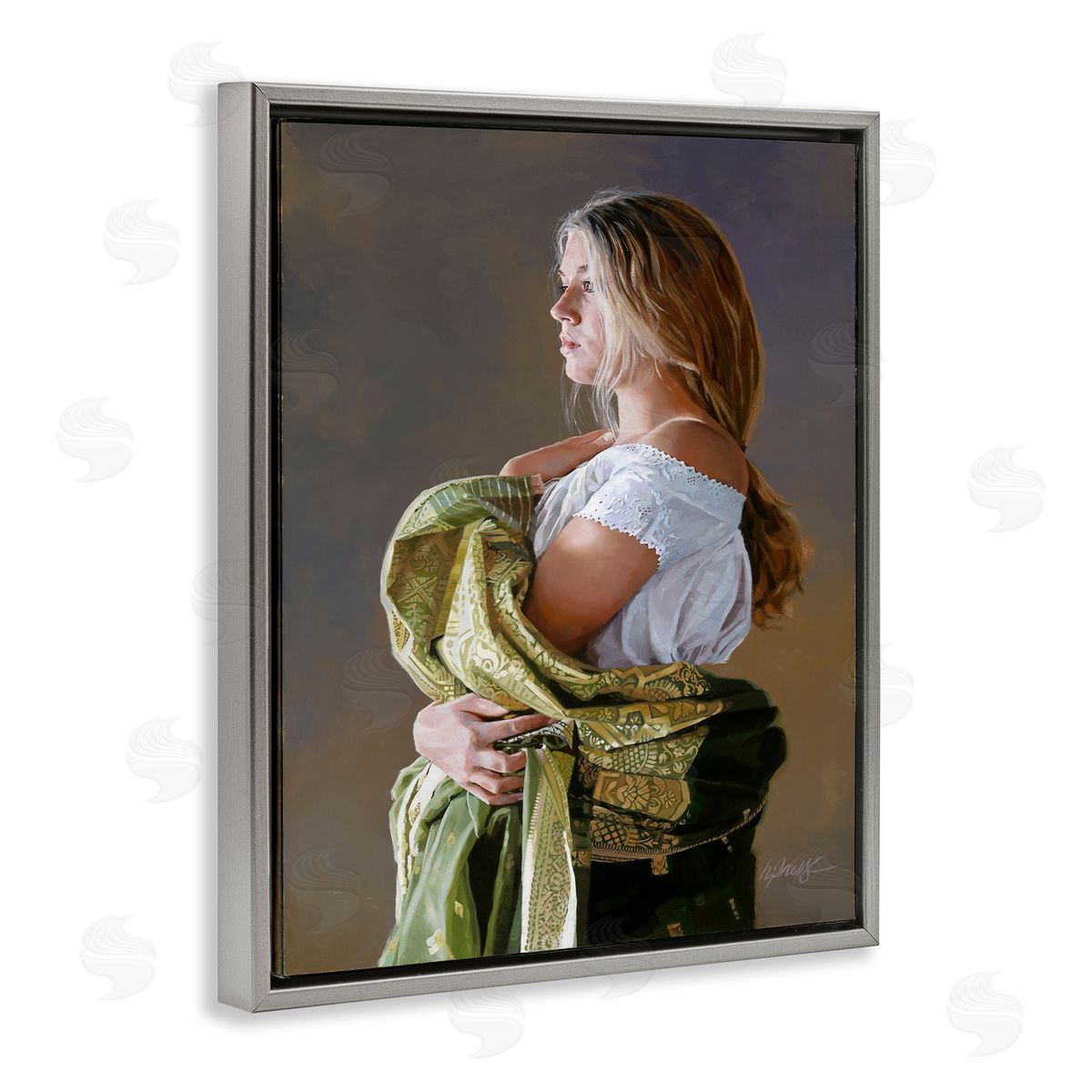 Heide Presse Woman with Intricate Cloth Gray Floater Frame Canvas Art