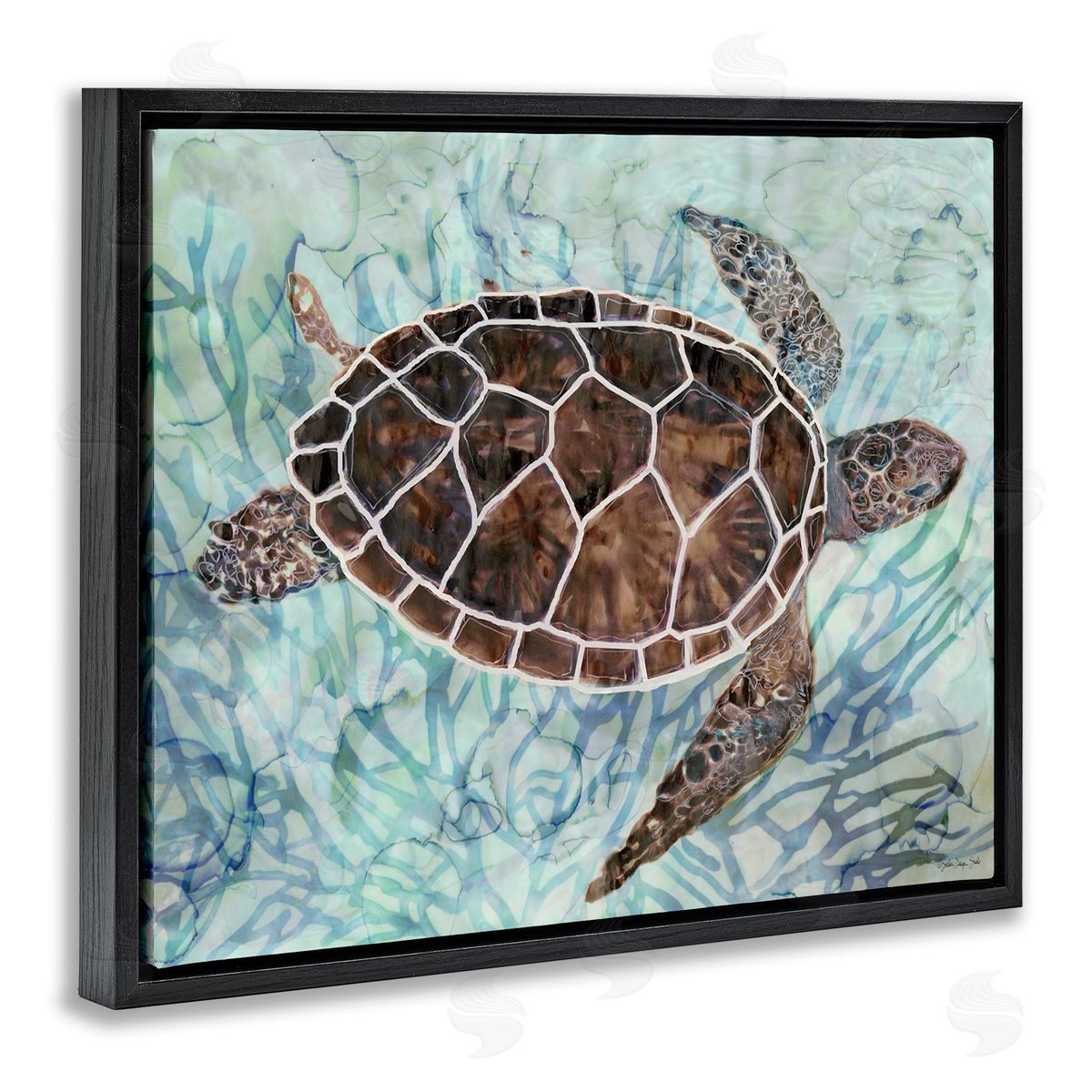 Stellar Design Studio Intricate Sea Tortoise Blue Coral Black Floater Frame Canvas Art