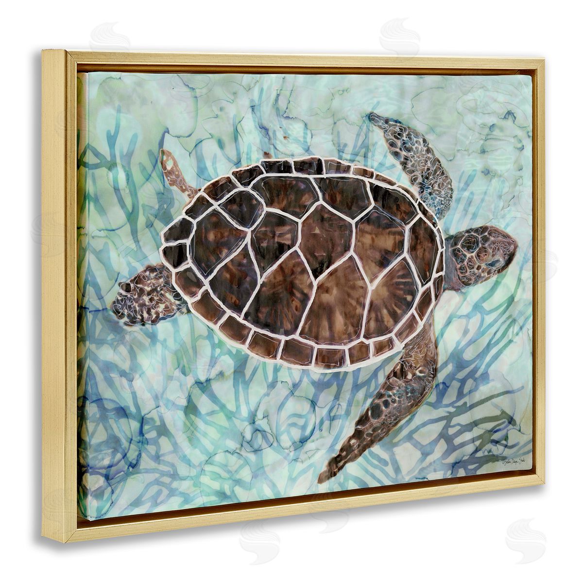 Stellar Design Studio Intricate Sea Tortoise Blue Coral Gold Floater Frame Canvas Art