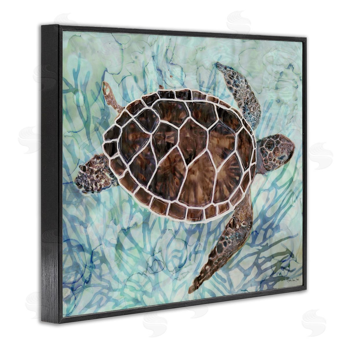 Stellar Design Studio Intricate Sea Tortoise Blue Coral Black Framed Giclee Wall Art
