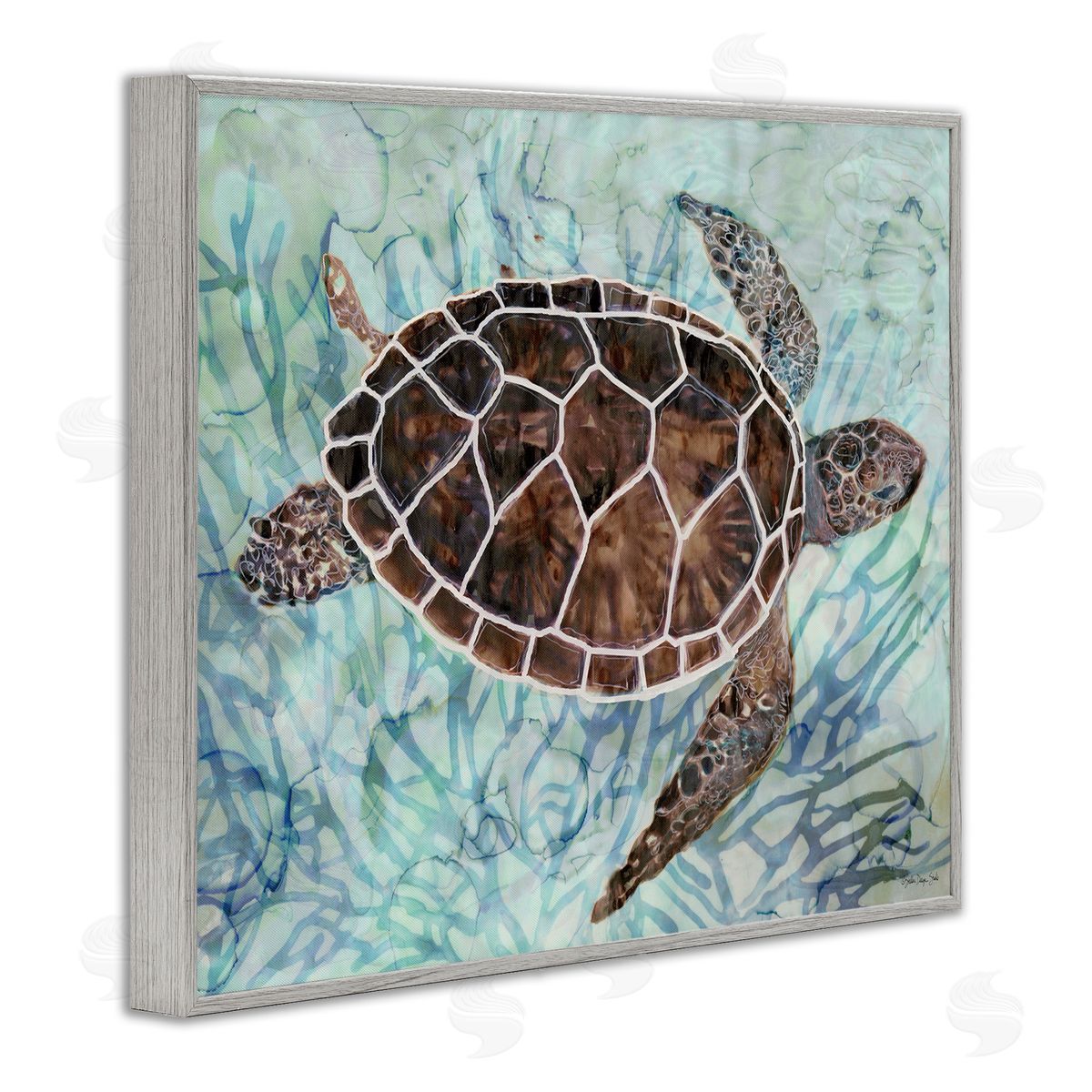 Stellar Design Studio Intricate Sea Tortoise Blue Coral Gray Framed Giclee Wall Art