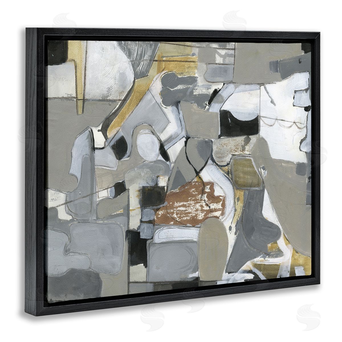Smith Haynes Grey Brown Linework Abstract Shapes Black Floater Frame Canvas Art