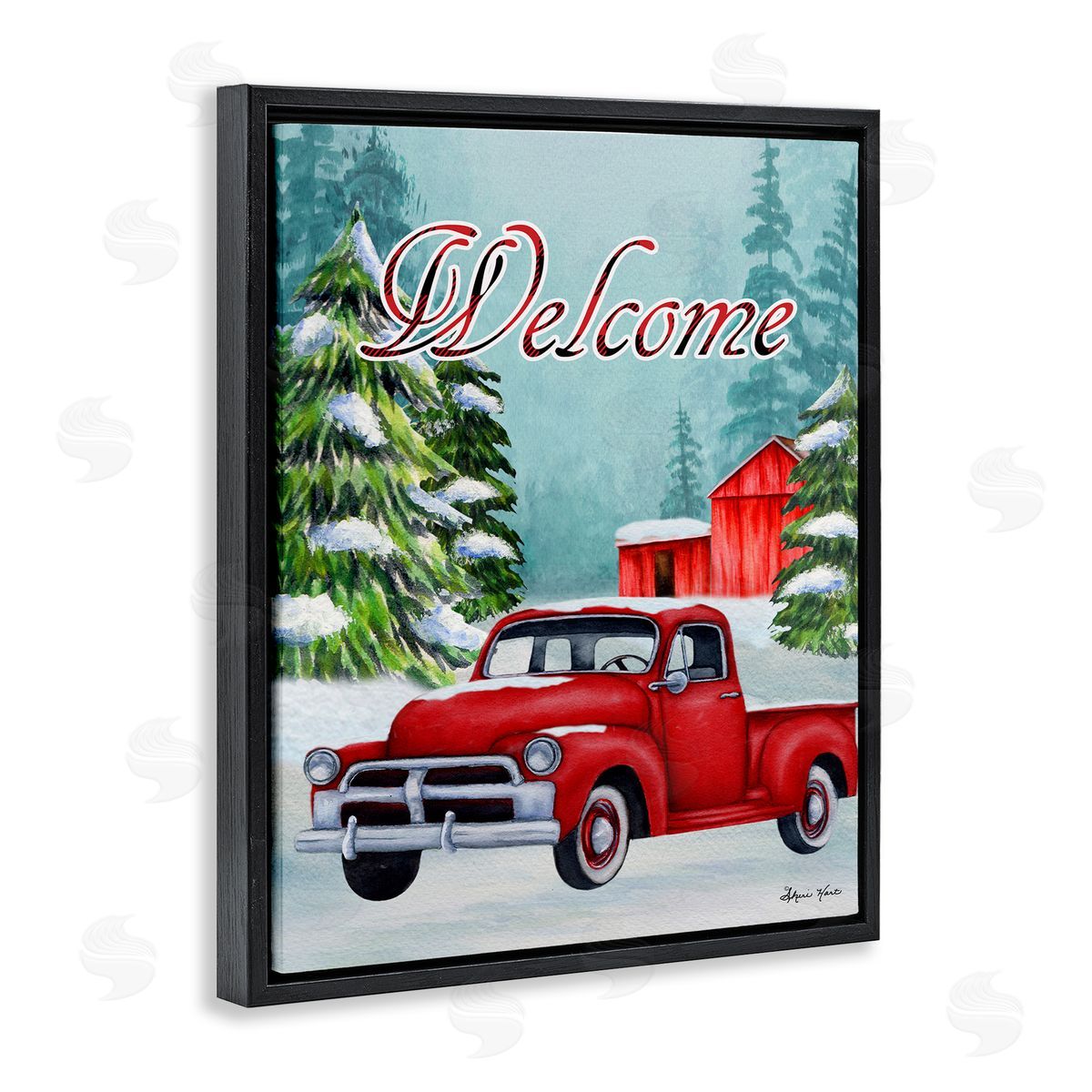 Sheri Hart Winter Welcome Red Truck Sign Black Floater Frame Canvas Art